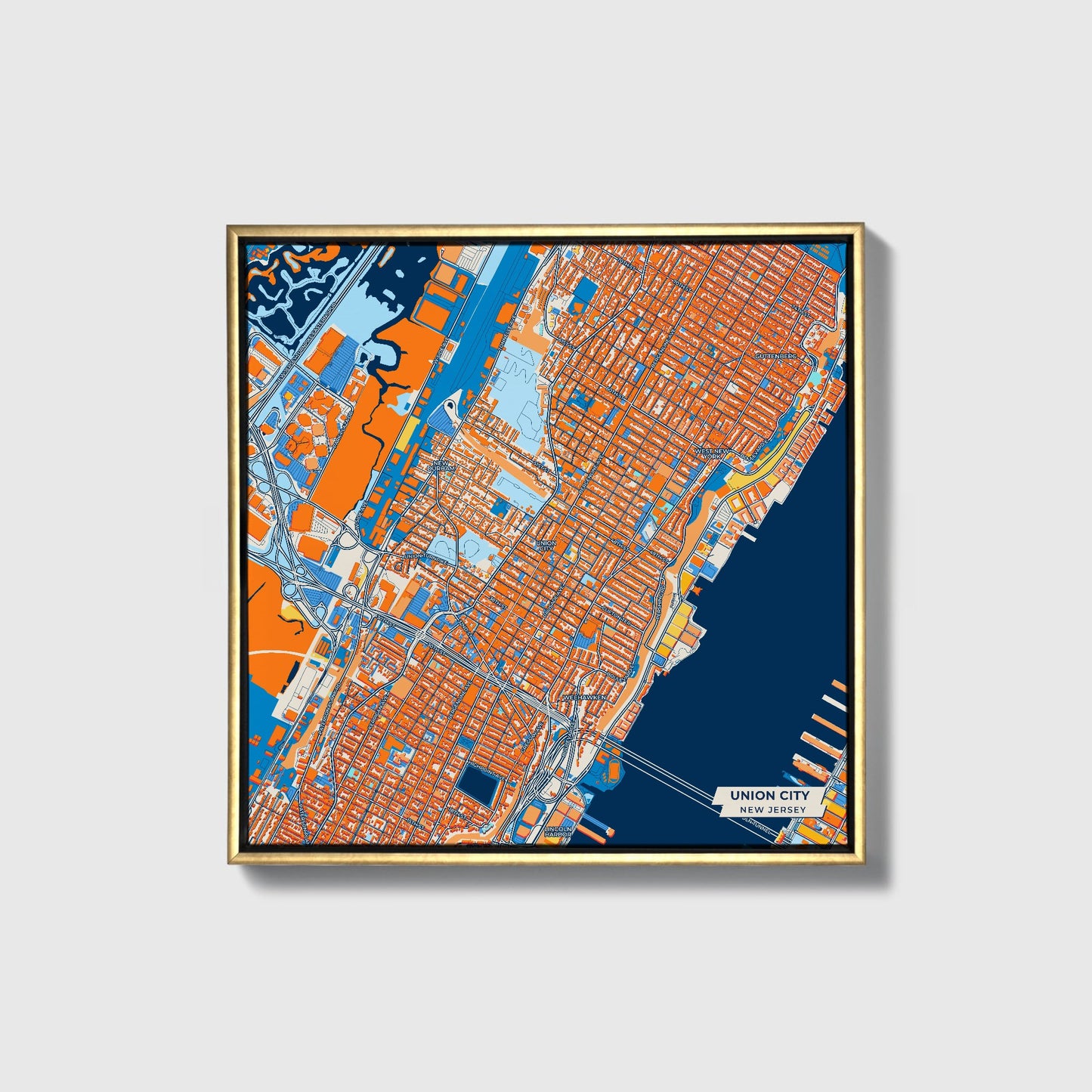 Union City New Jersey Colorful City Map Canvas Print • Gold Framed