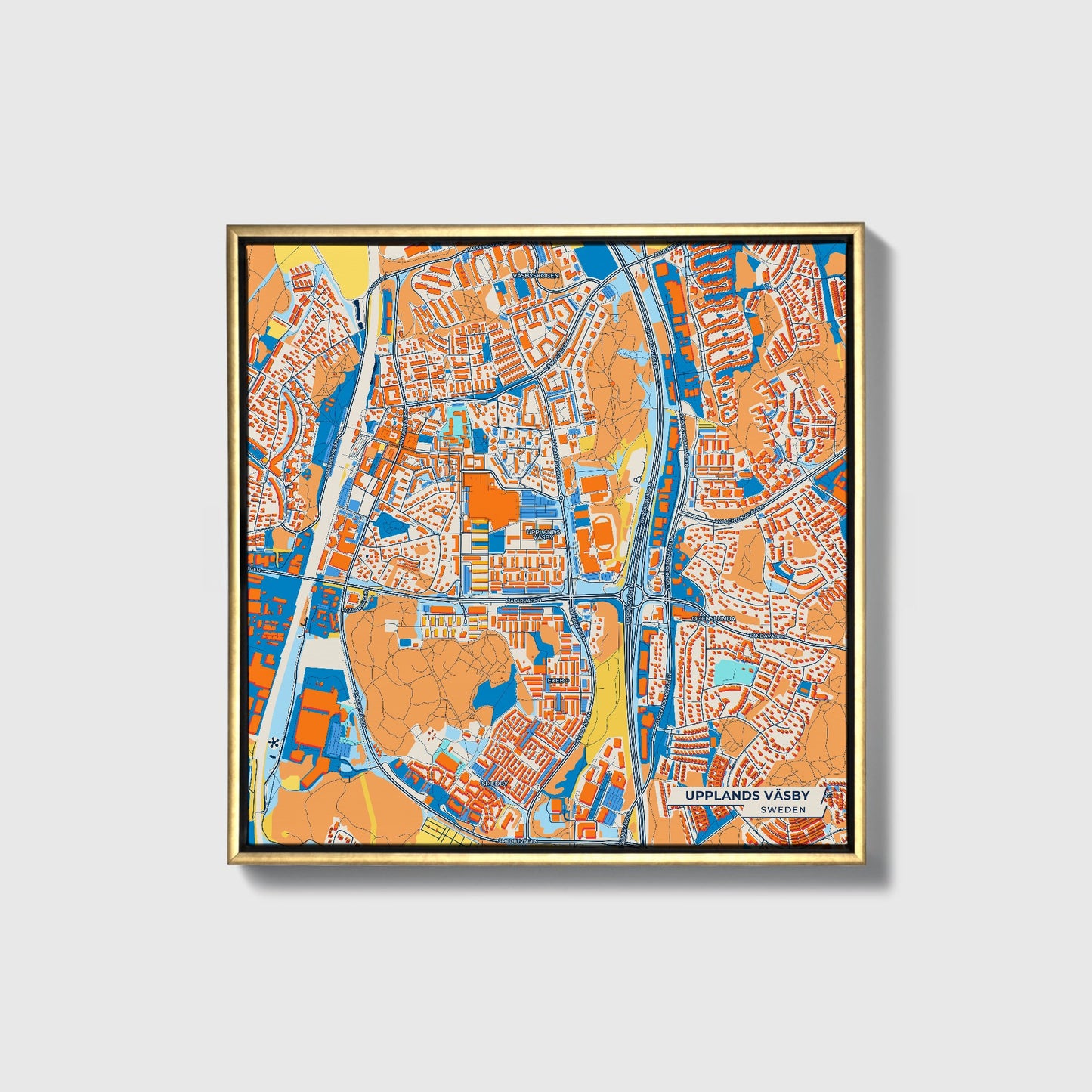 Uppföller Väsby Sweden Colorful City Map Canvas Print • Gold Framed