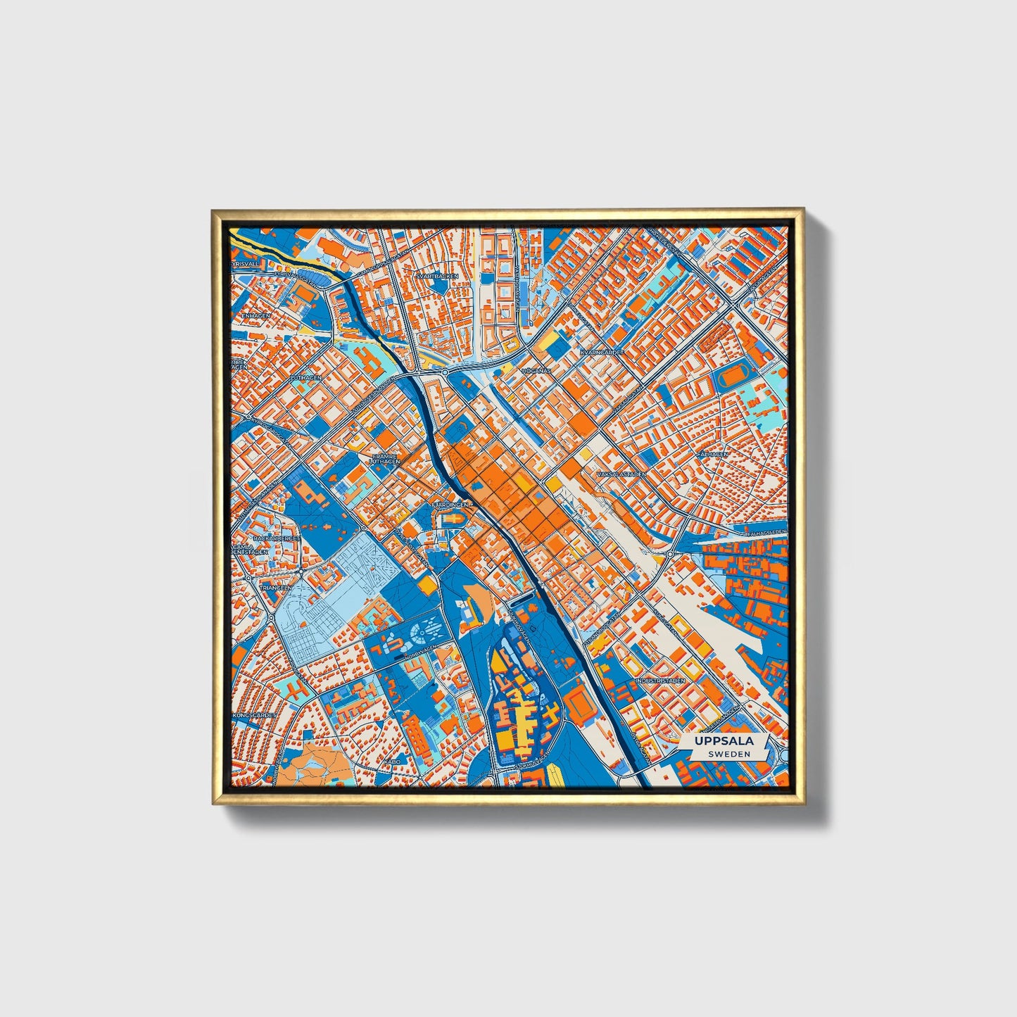 Uppsala Sweden Colorful City Map Canvas Print • Gold Framed