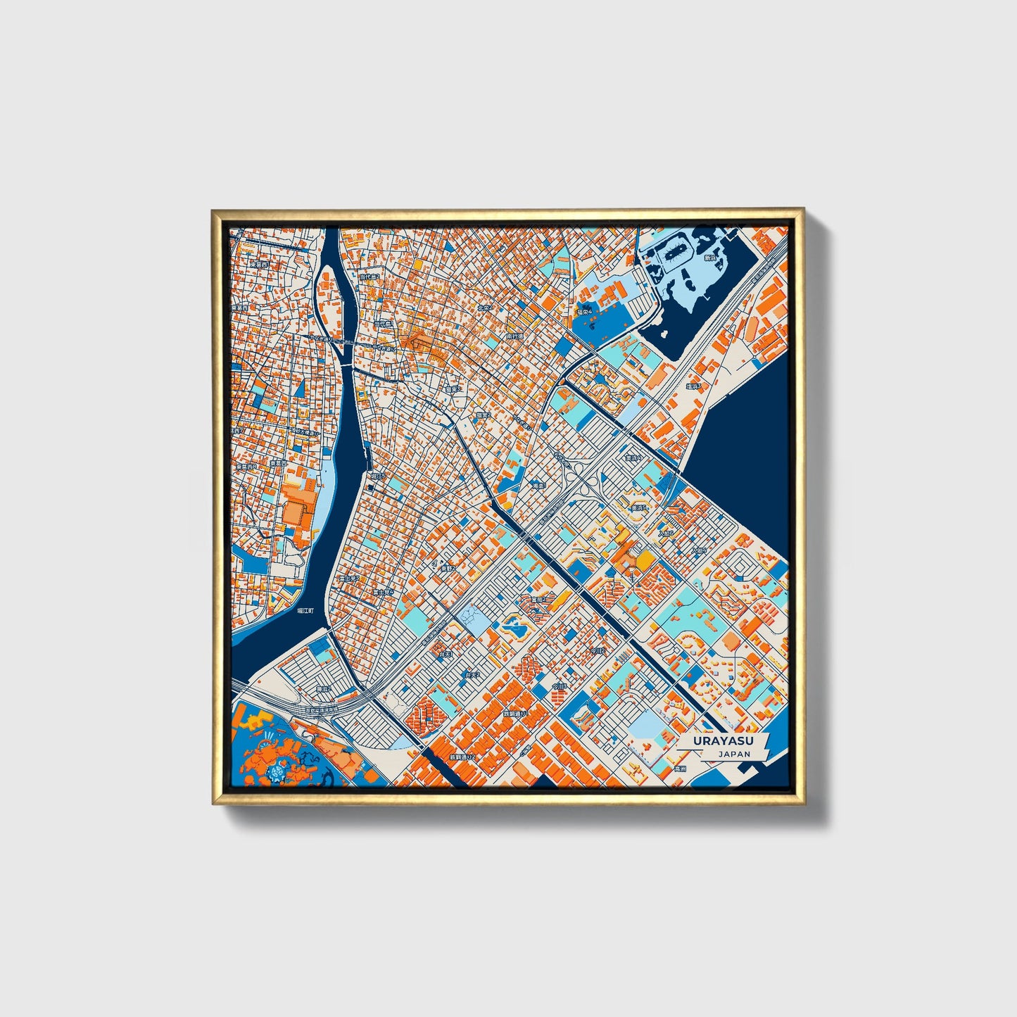 Urayasu Japan Colorful City Map Canvas Print • Gold Framed
