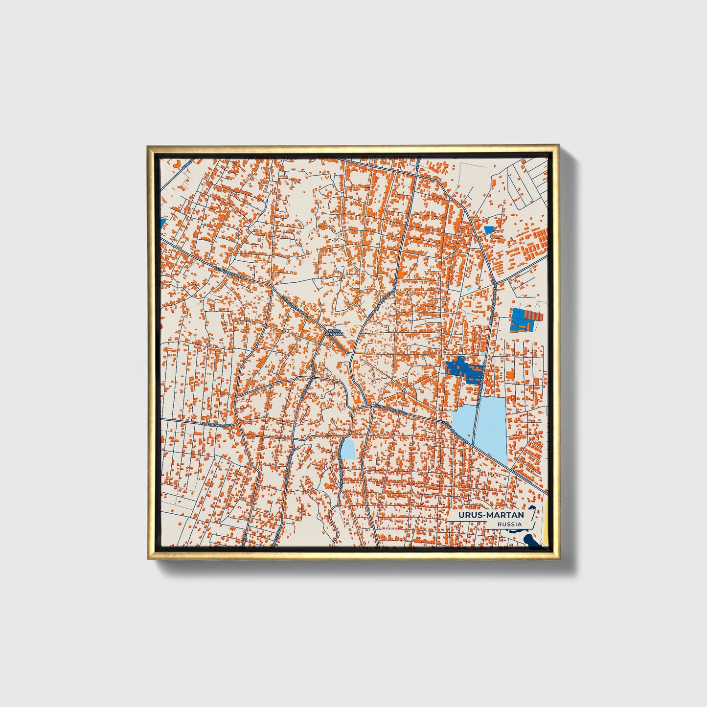 Урус-Мартан Russia Colorful City Map Canvas Print • Gold Framed