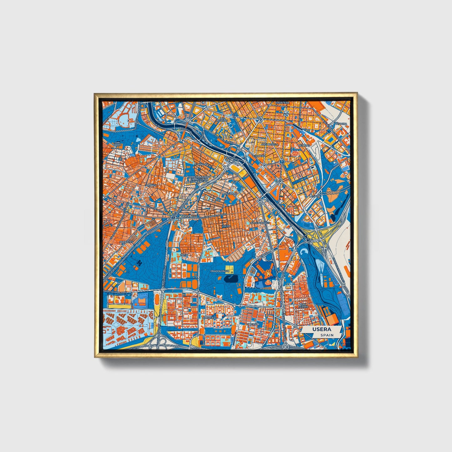 Usera Spain Colorful City Map Canvas Print • Gold Framed