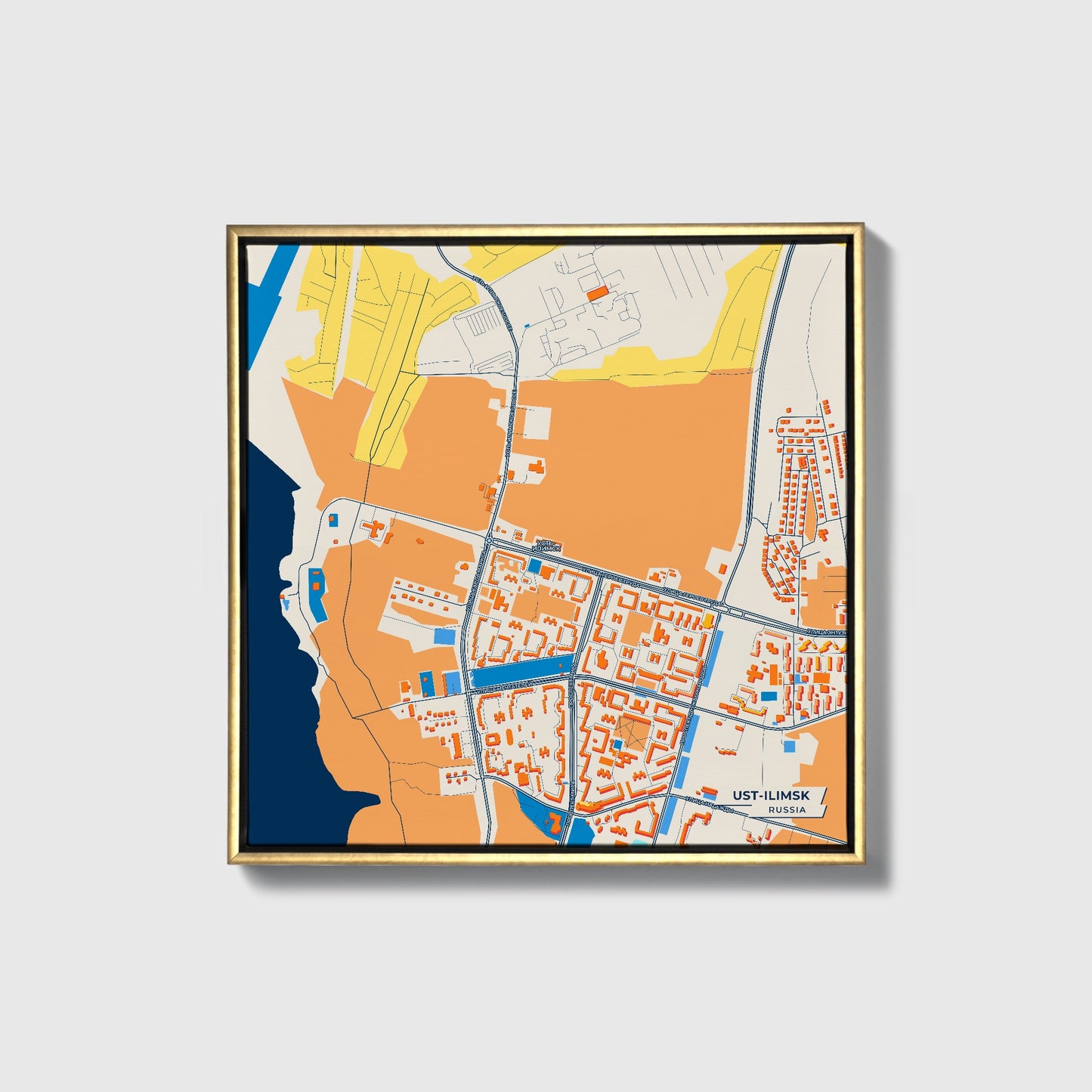 Усть-Илимск Russia Colorful City Map Canvas Print • Gold Framed