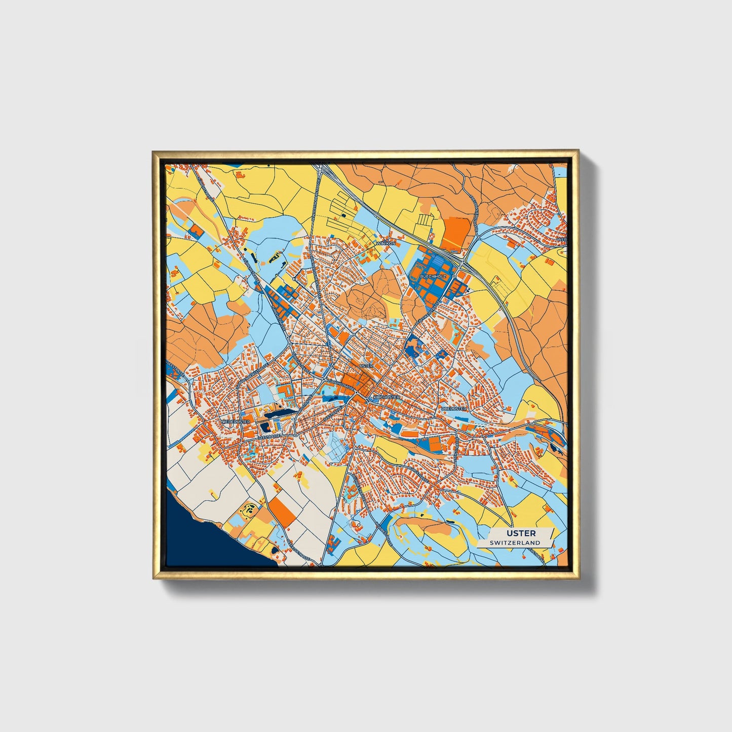 Uster Switzerland Colorful City Map Canvas Print • Gold Framed