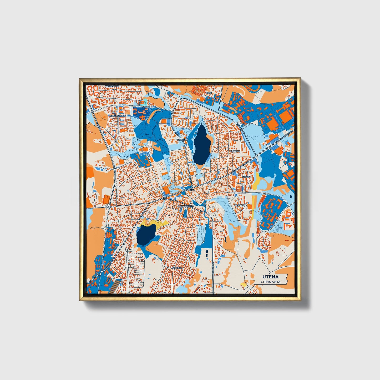Utena Lithuania Colorful City Map Canvas Print • Gold Framed