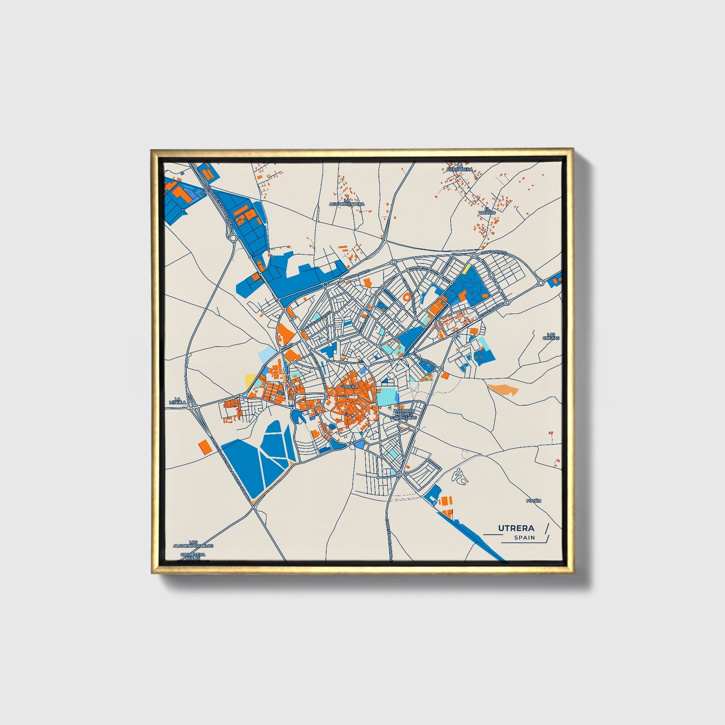 Utrera Spain Colorful City Map Canvas Print • Gold Framed