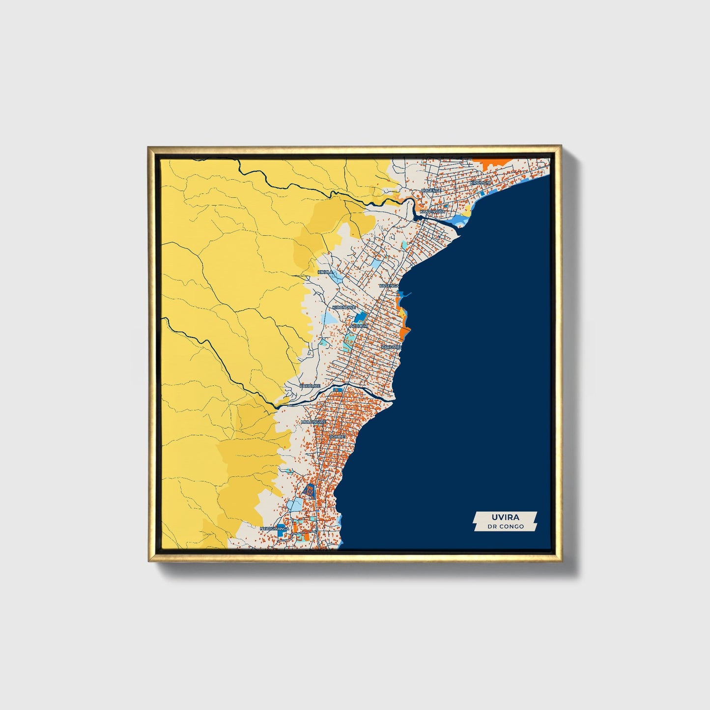 Uvira Dr Congo Colorful City Map Canvas Print • Gold Framed