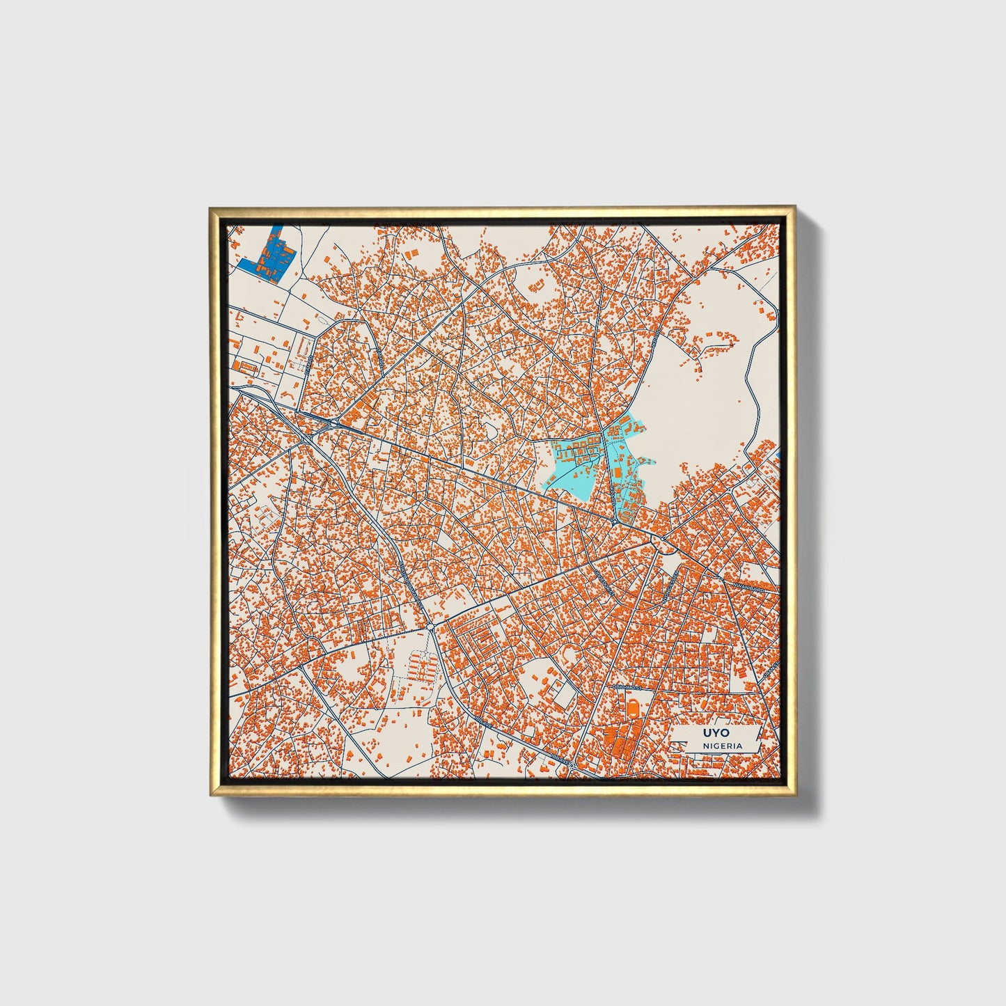 Uyo Nigeria Colorful City Map Canvas Print • Gold Framed
