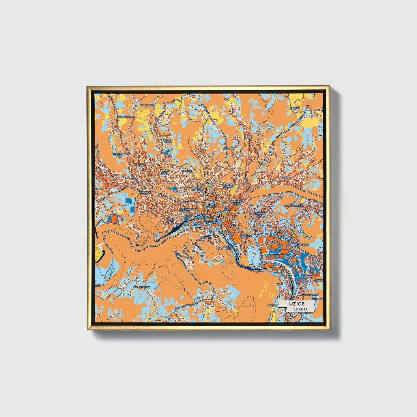 Ужице Serbia Colorful City Map Canvas Print • Gold Framed