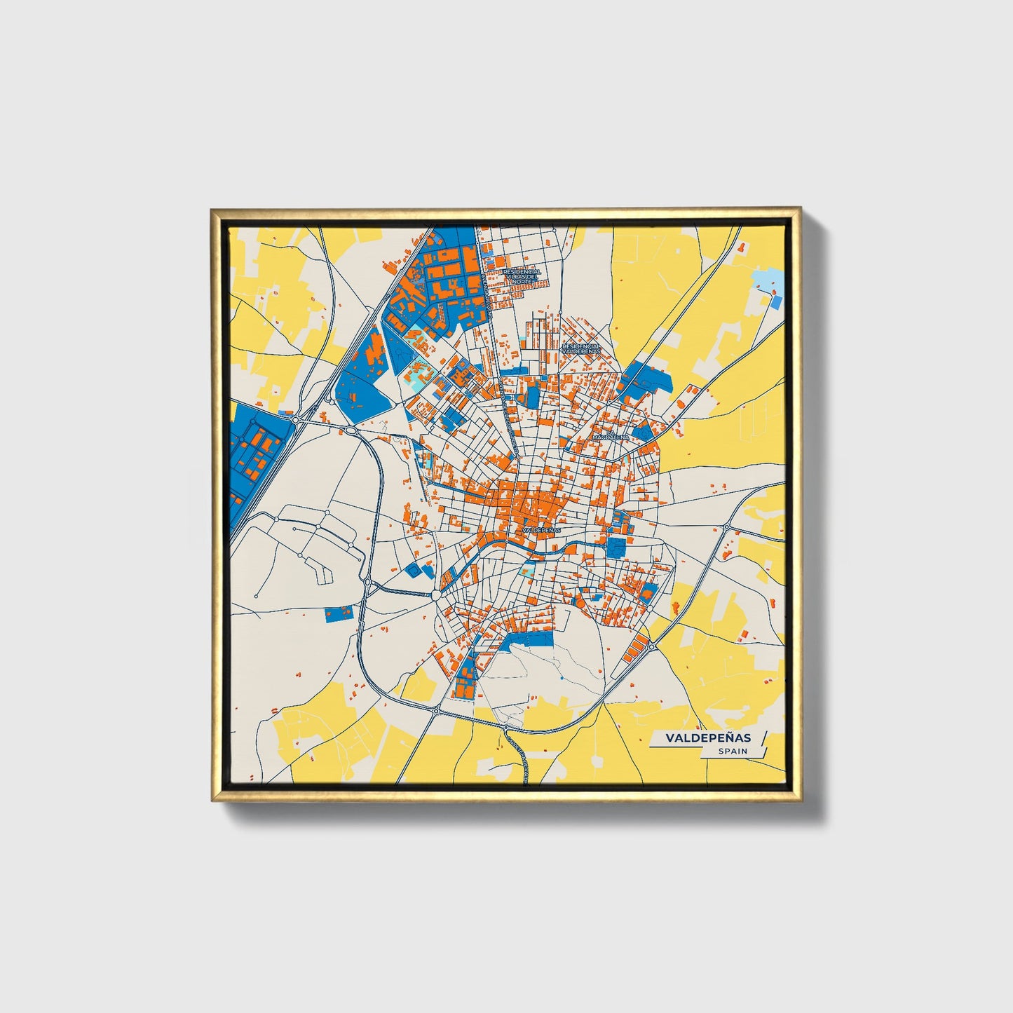Valdepeñas Spain Colorful City Map Canvas Print • Gold Framed