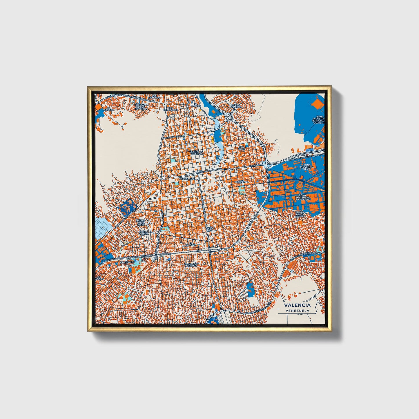 Valencia Venezuela Colorful City Map Canvas Print • Gold Framed