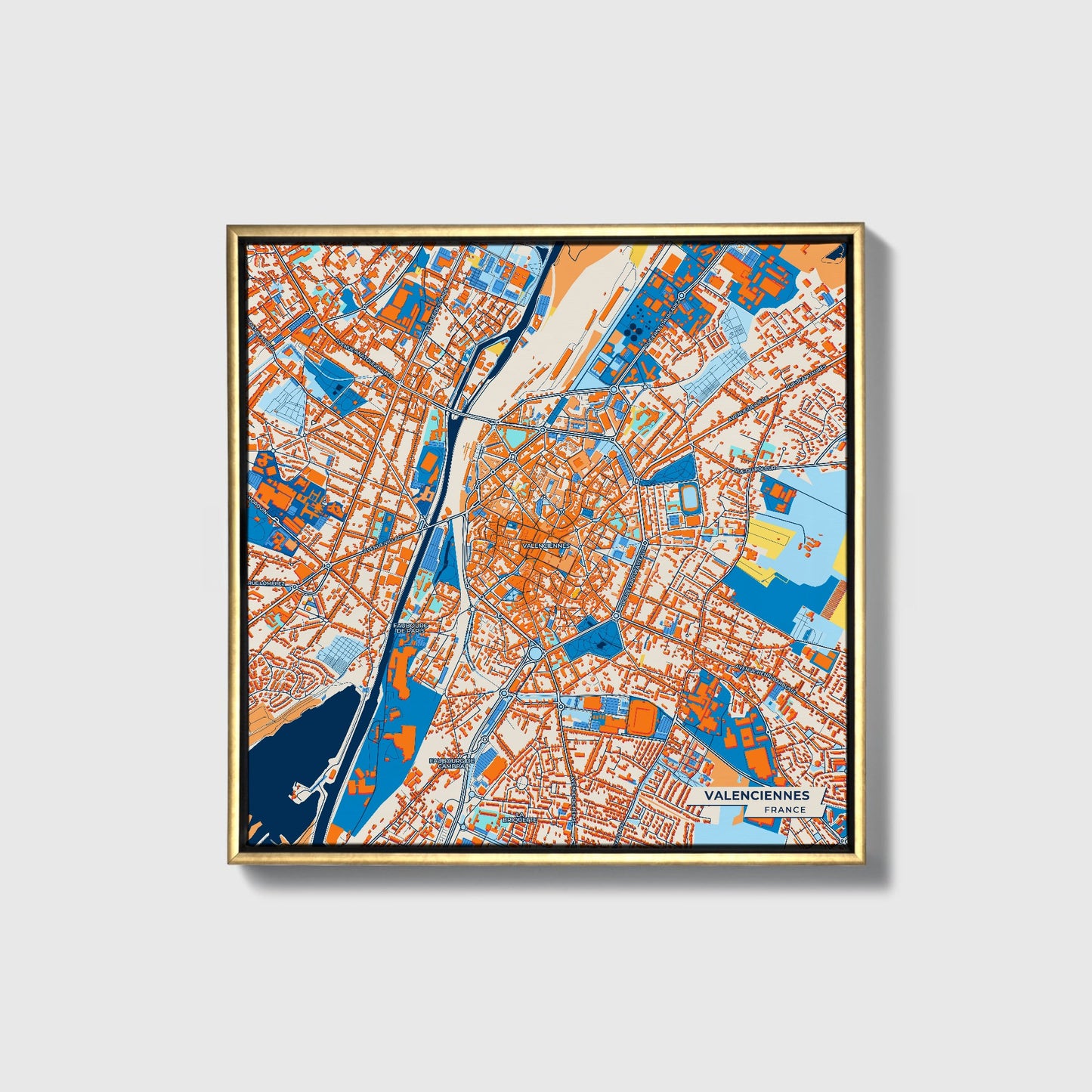 Valenciennes France Colorful City Map Canvas Print • Gold Framed