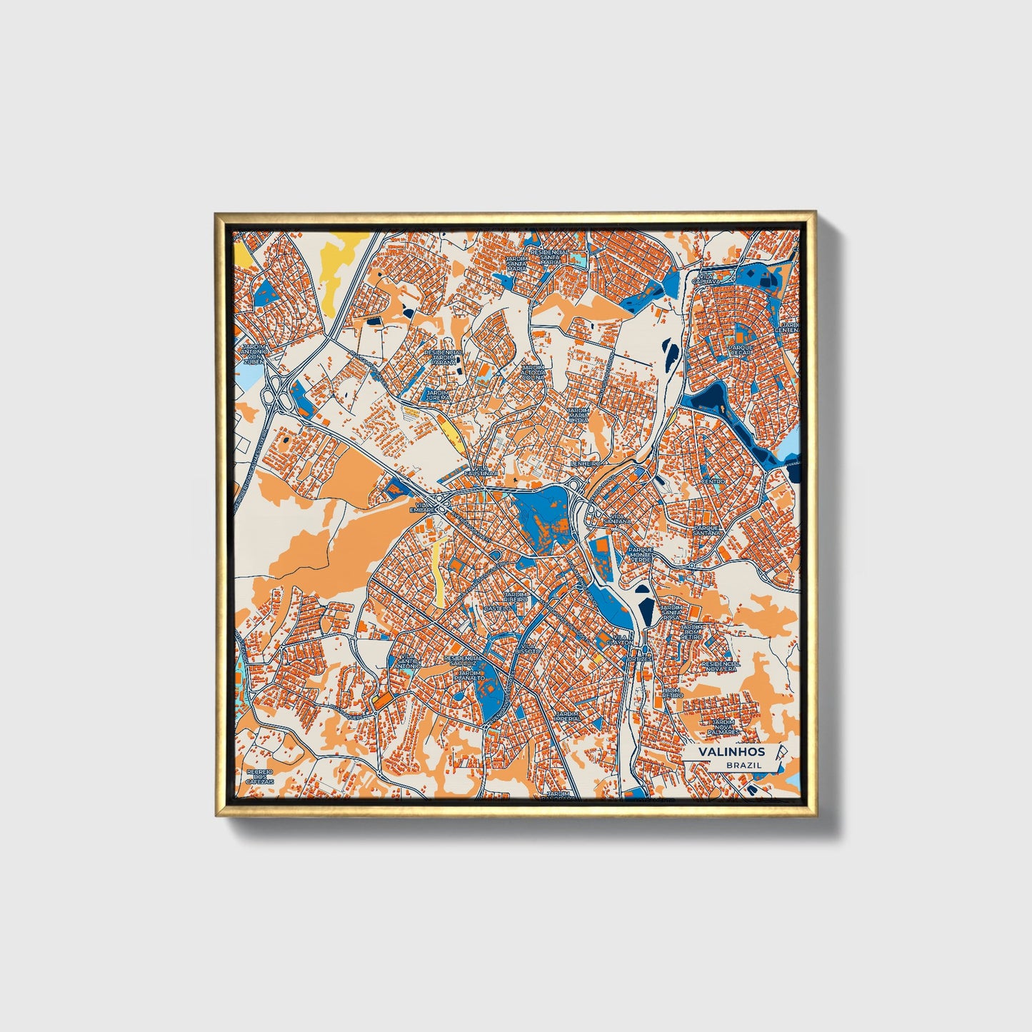 Valinhos Brazil Colorful City Map Canvas Print • Gold Framed