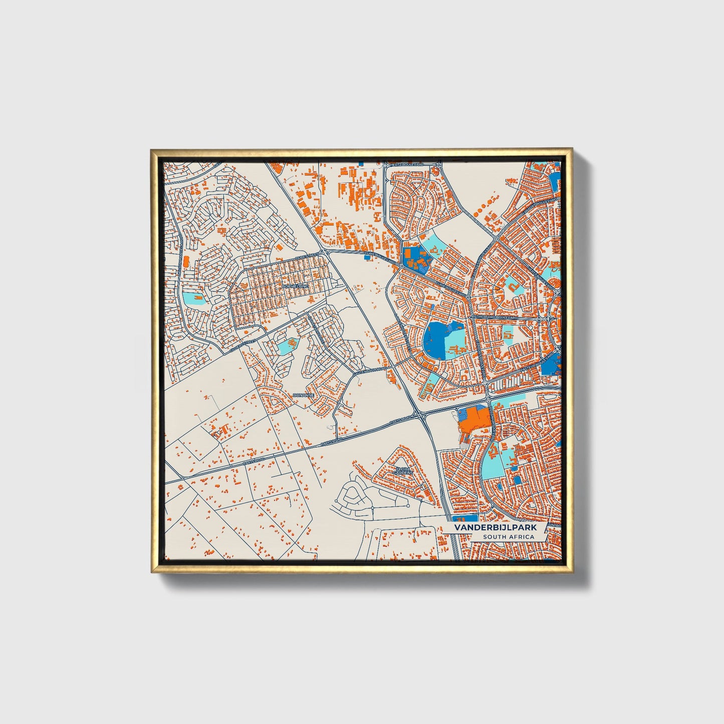 Vanderbijlpark South Africa Colorful City Map Canvas Print • Gold Framed