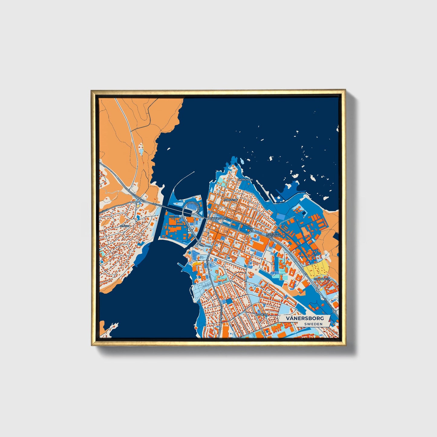 Vänersborg Sweden Colorful City Map Canvas Print • Gold Framed