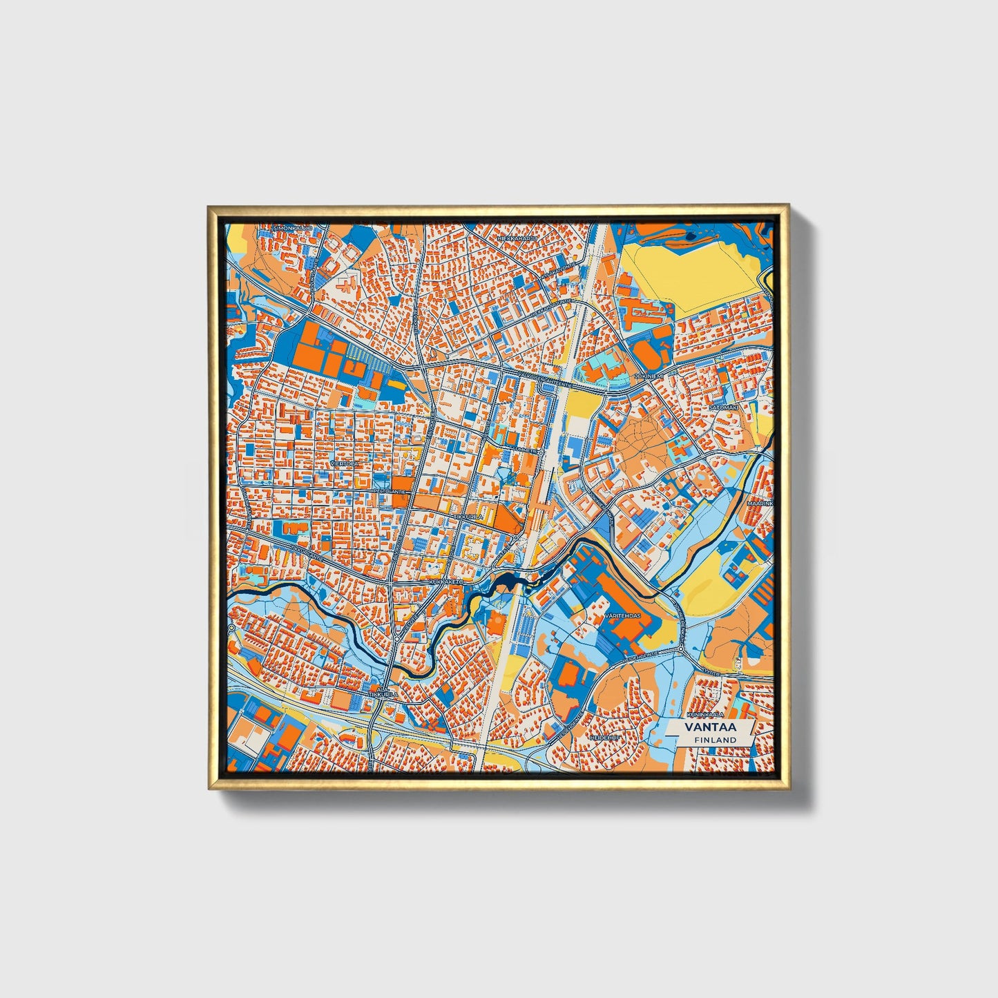 Vantaa Finland Colorful City Map Canvas Print • Gold Framed