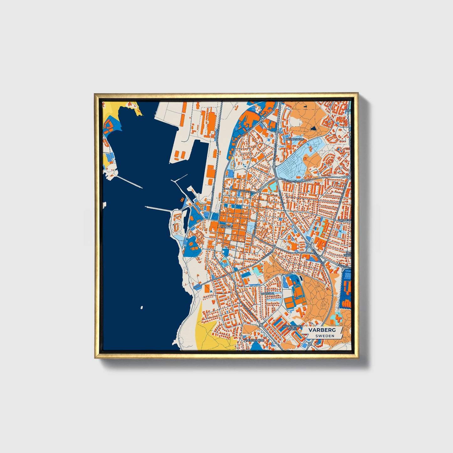 Varberg Sweden Colorful City Map Canvas Print • Gold Framed