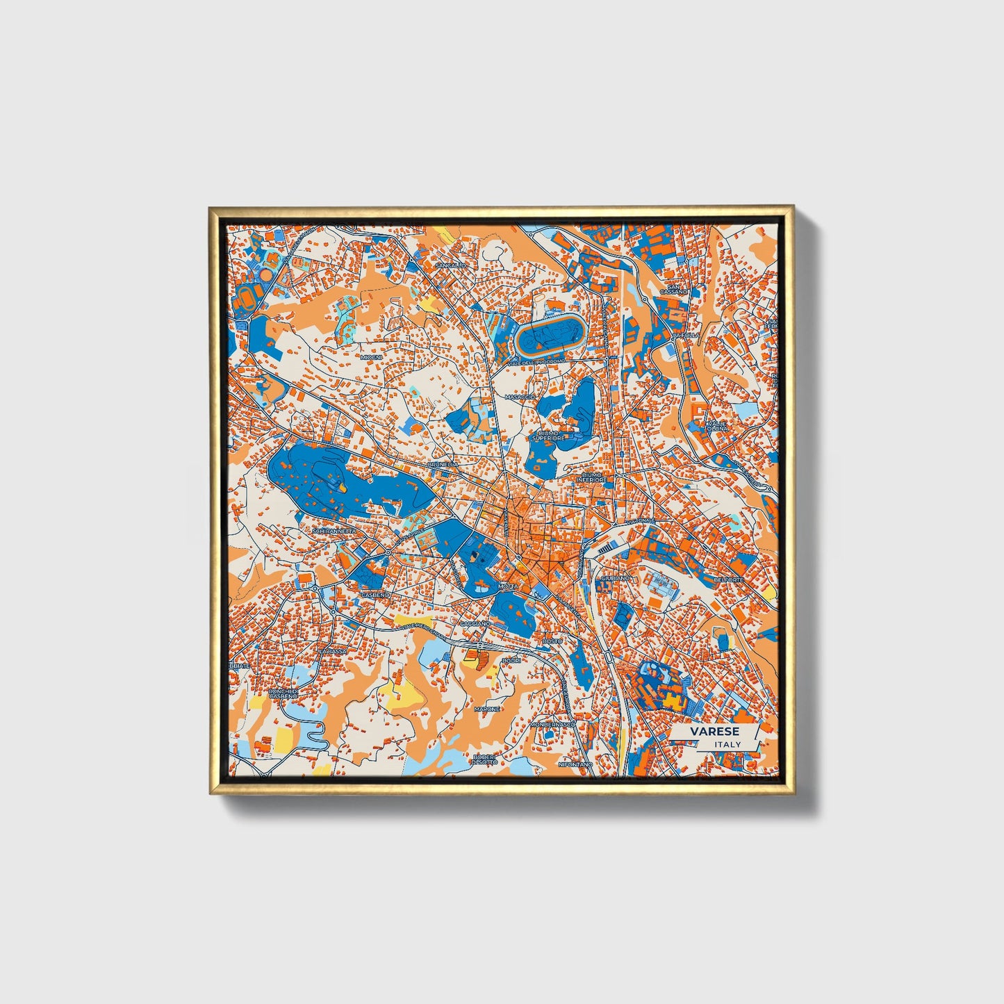 Varese Italy Colorful City Map Canvas Print • Gold Framed