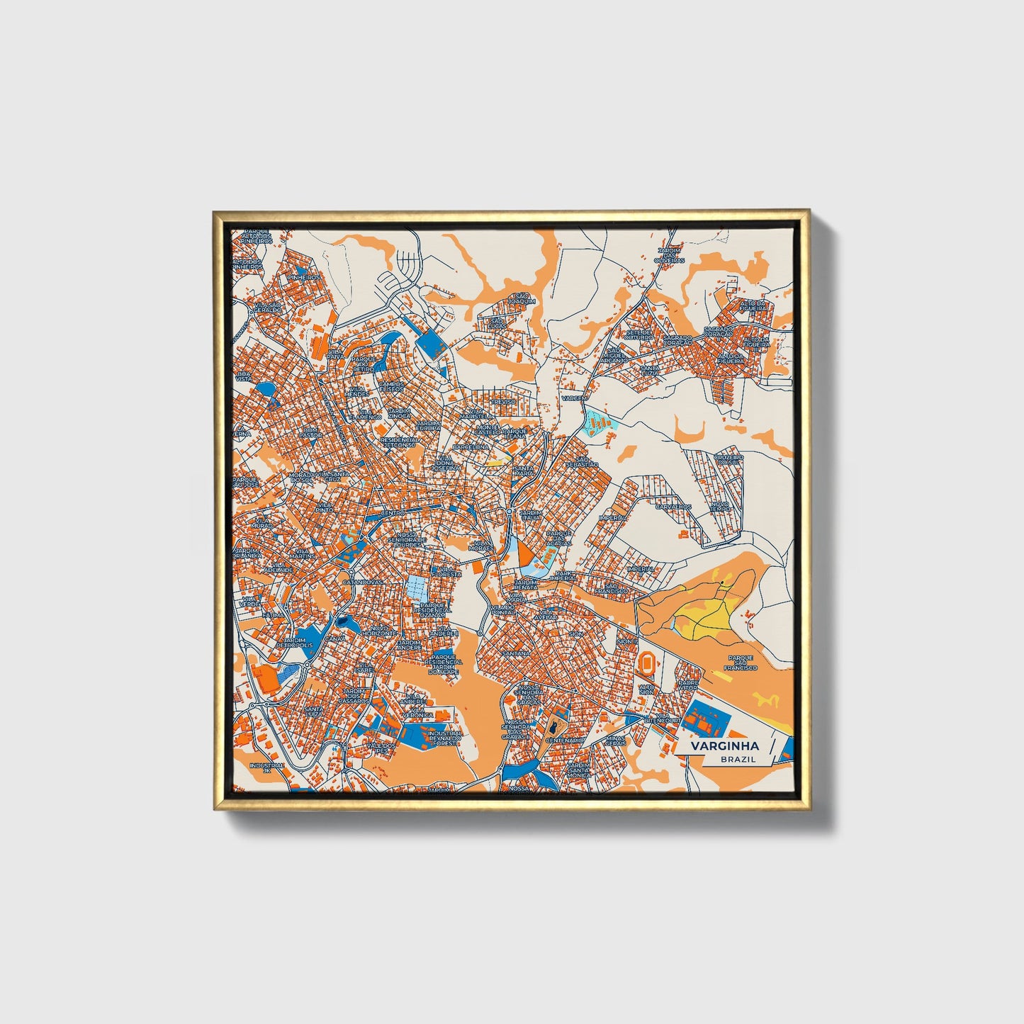 Varginha Brazil Colorful City Map Canvas Print • Gold Framed
