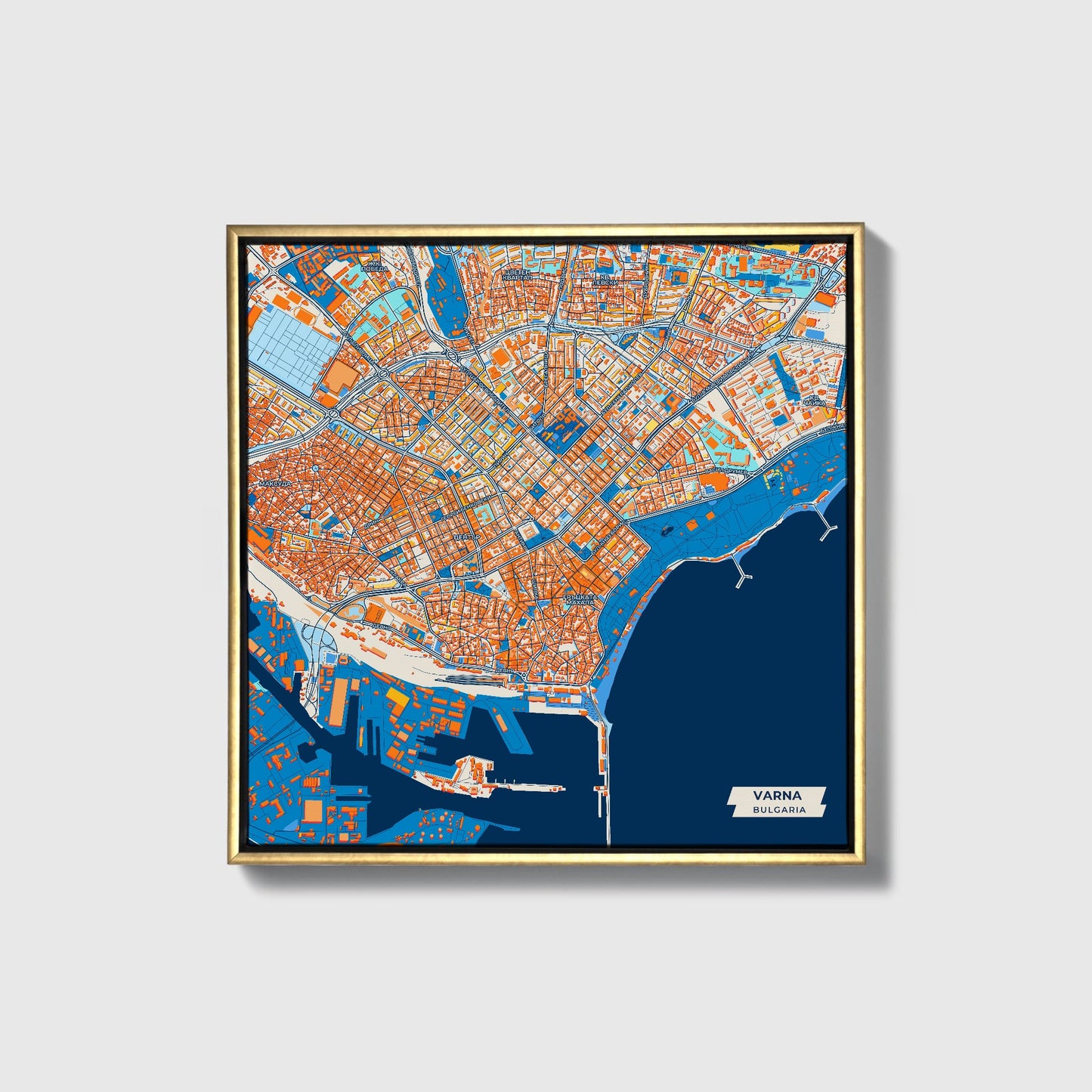 Варна Bulgaria Colorful City Map Canvas Print • Gold Framed