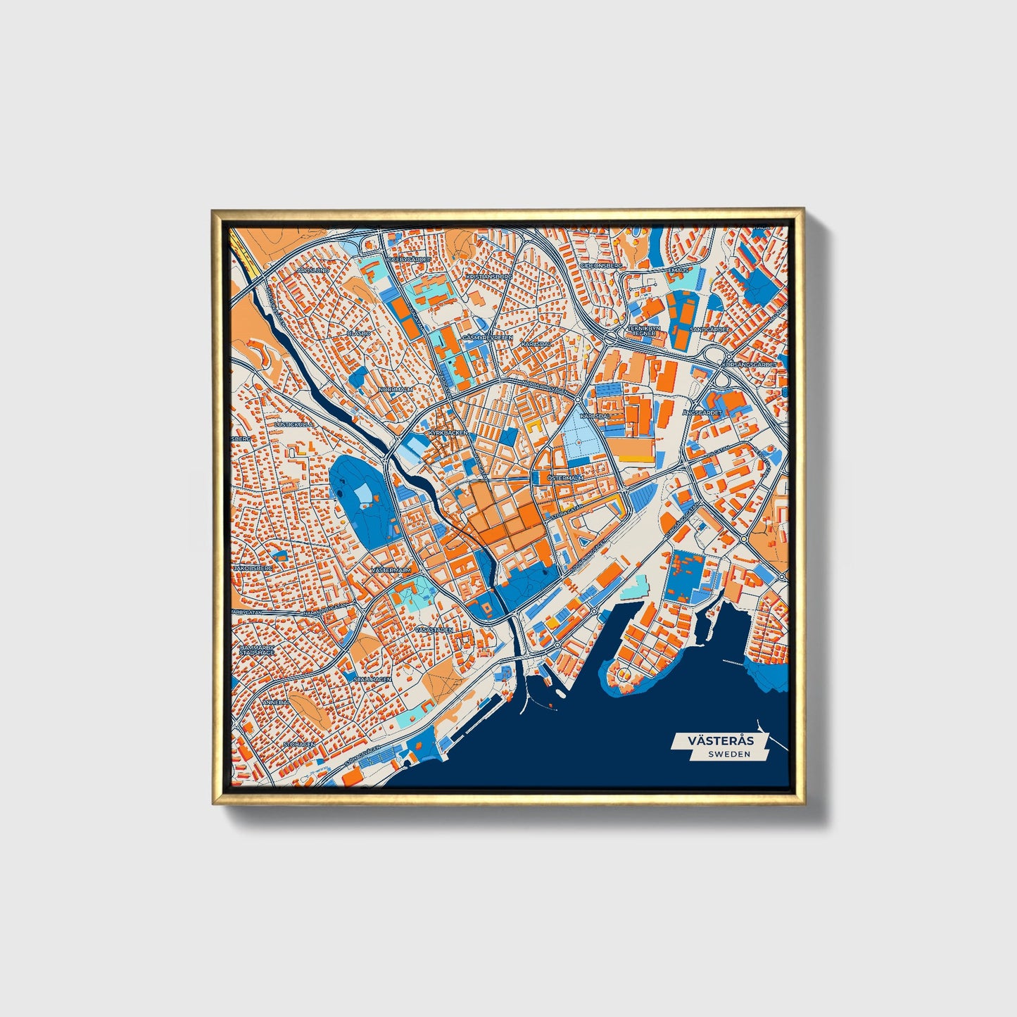 Västerås Sweden Colorful City Map Canvas Print • Gold Framed