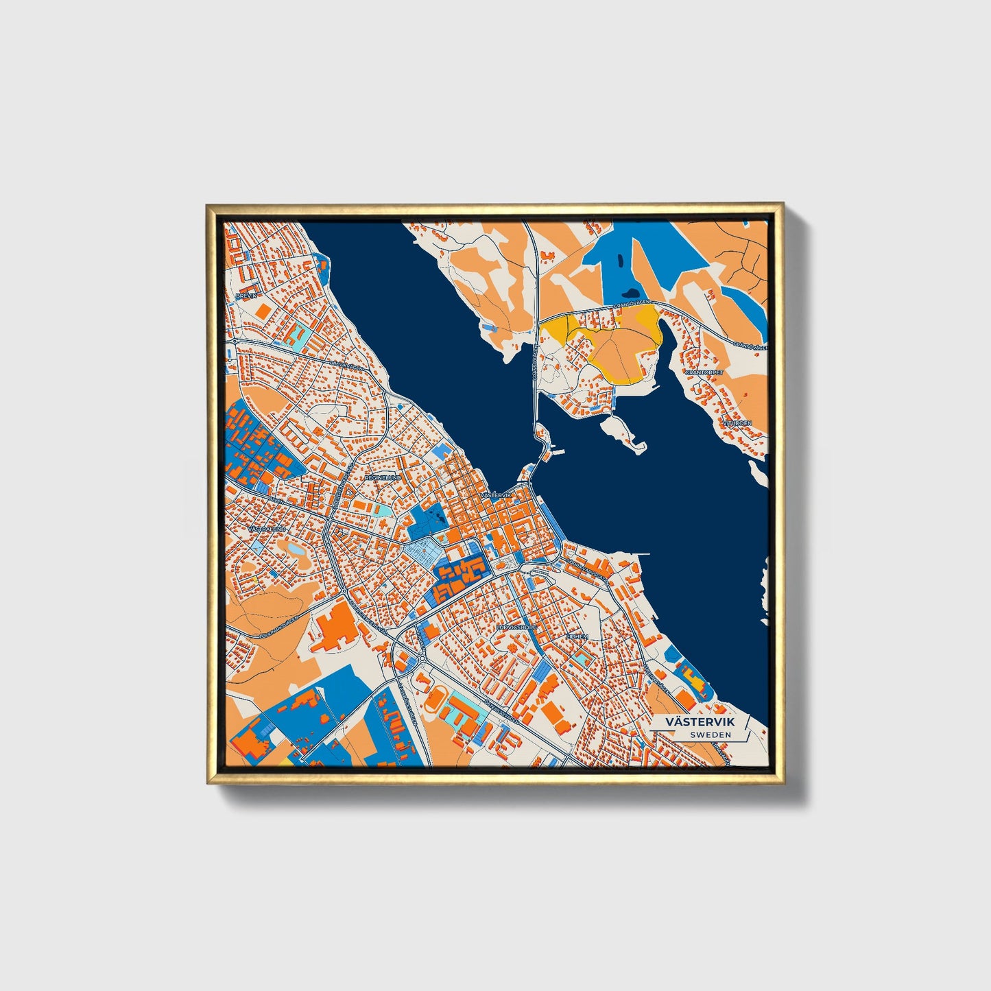 Västervik Sweden Colorful City Map Canvas Print • Gold Framed
