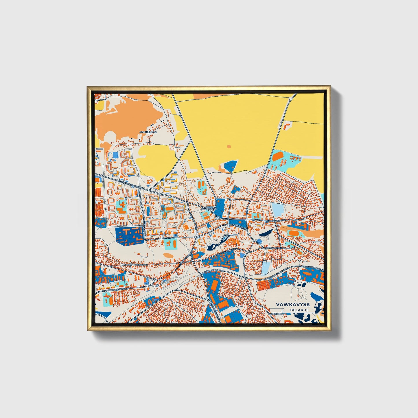 Ваўкавыск Belarus Colorful City Map Canvas Print • Gold Framed