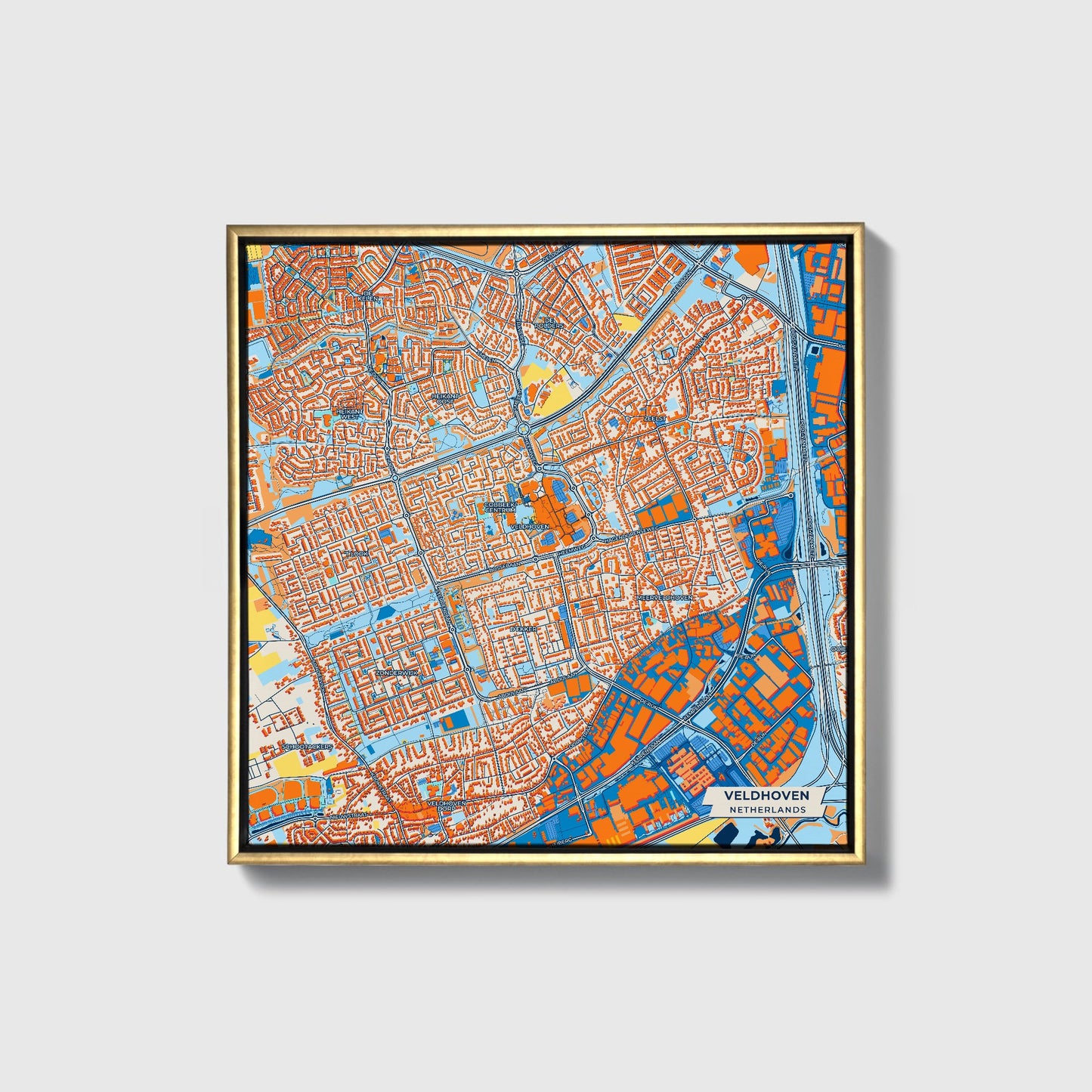 Veldhoven Netherlands Colorful City Map Canvas Print • Gold Framed