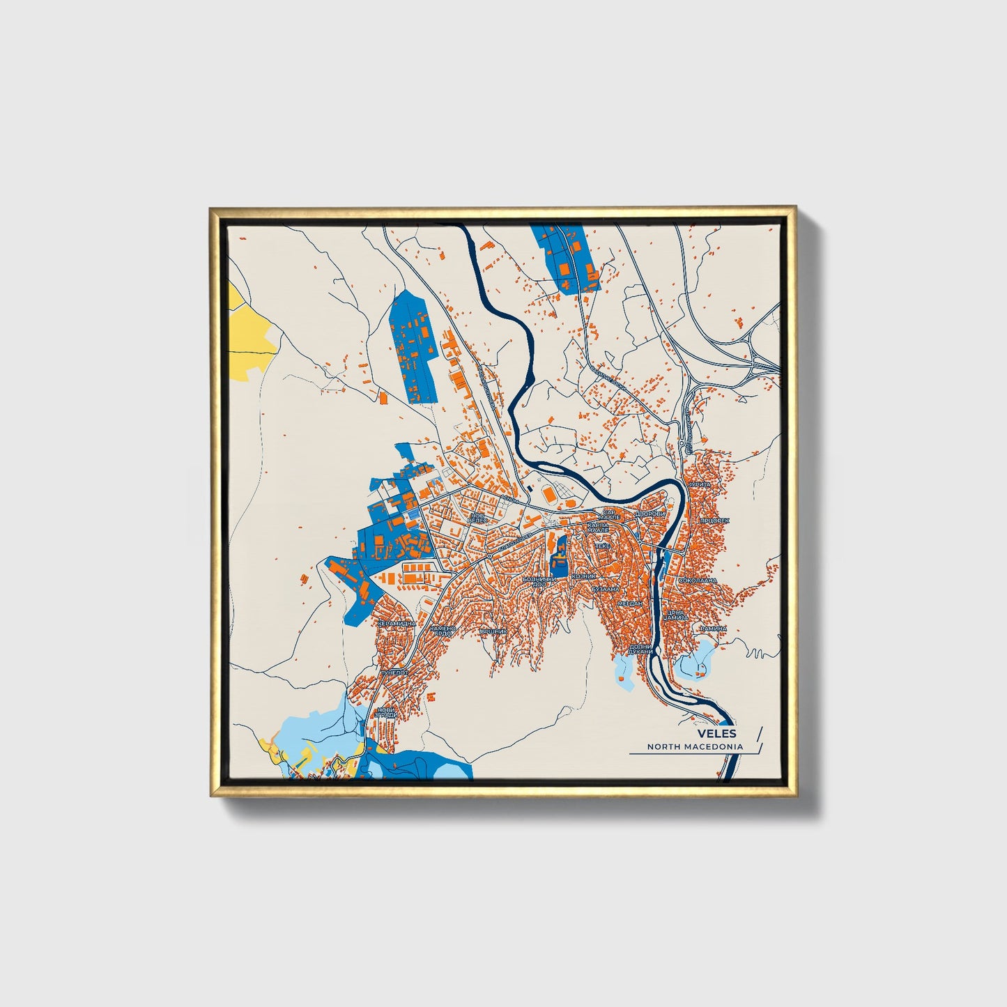 Veles North Macedonia Colorful City Map Canvas Print • Gold Framed