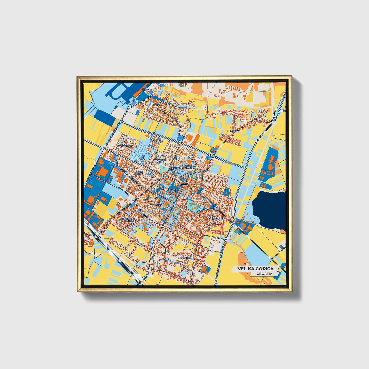 Velika Gorica Croatia Colorful City Map Canvas Print • Gold Framed