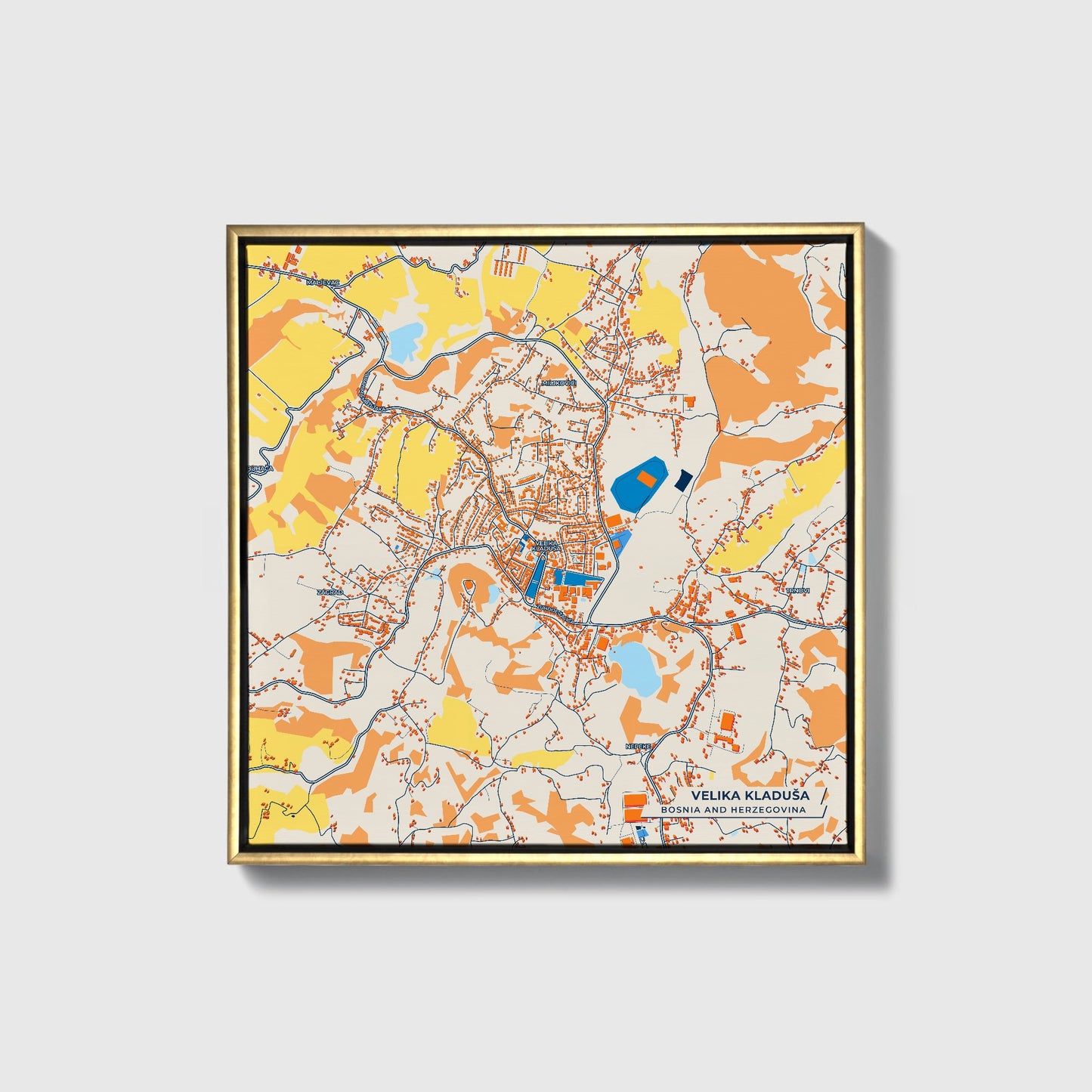 Velika Kladuša Bosnia And Herzegovina Colorful City Map Canvas Print • Gold Framed