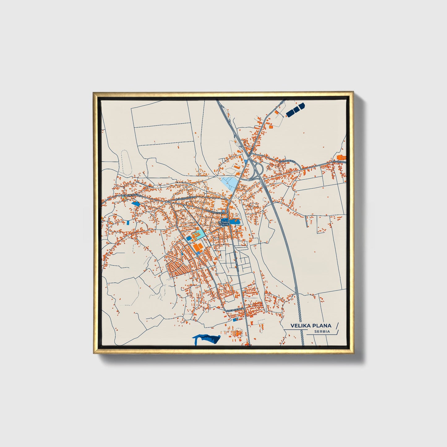 Велика Плана Serbia Colorful City Map Canvas Print • Gold Framed