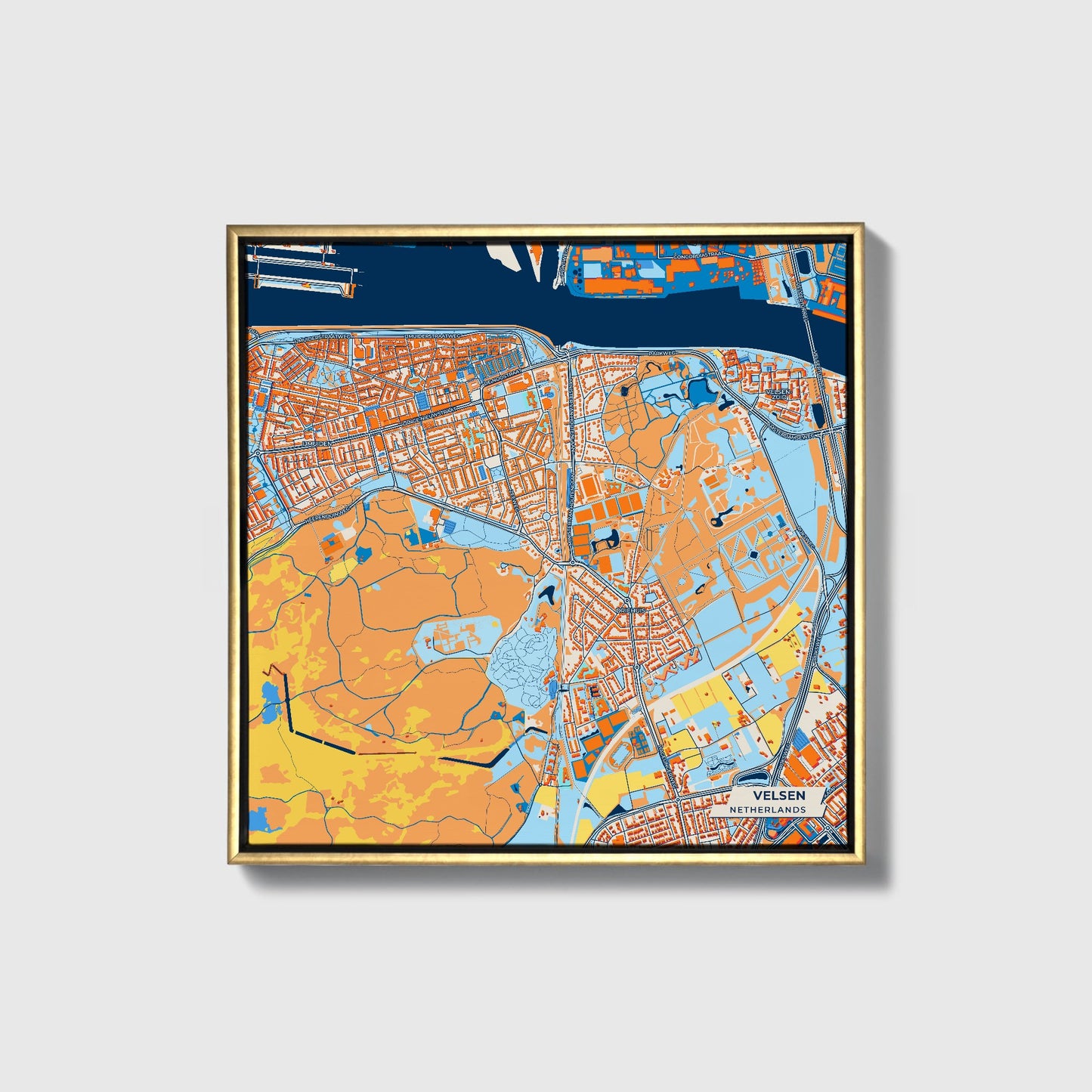 Velsen Netherlands Colorful City Map Canvas Print • Gold Framed