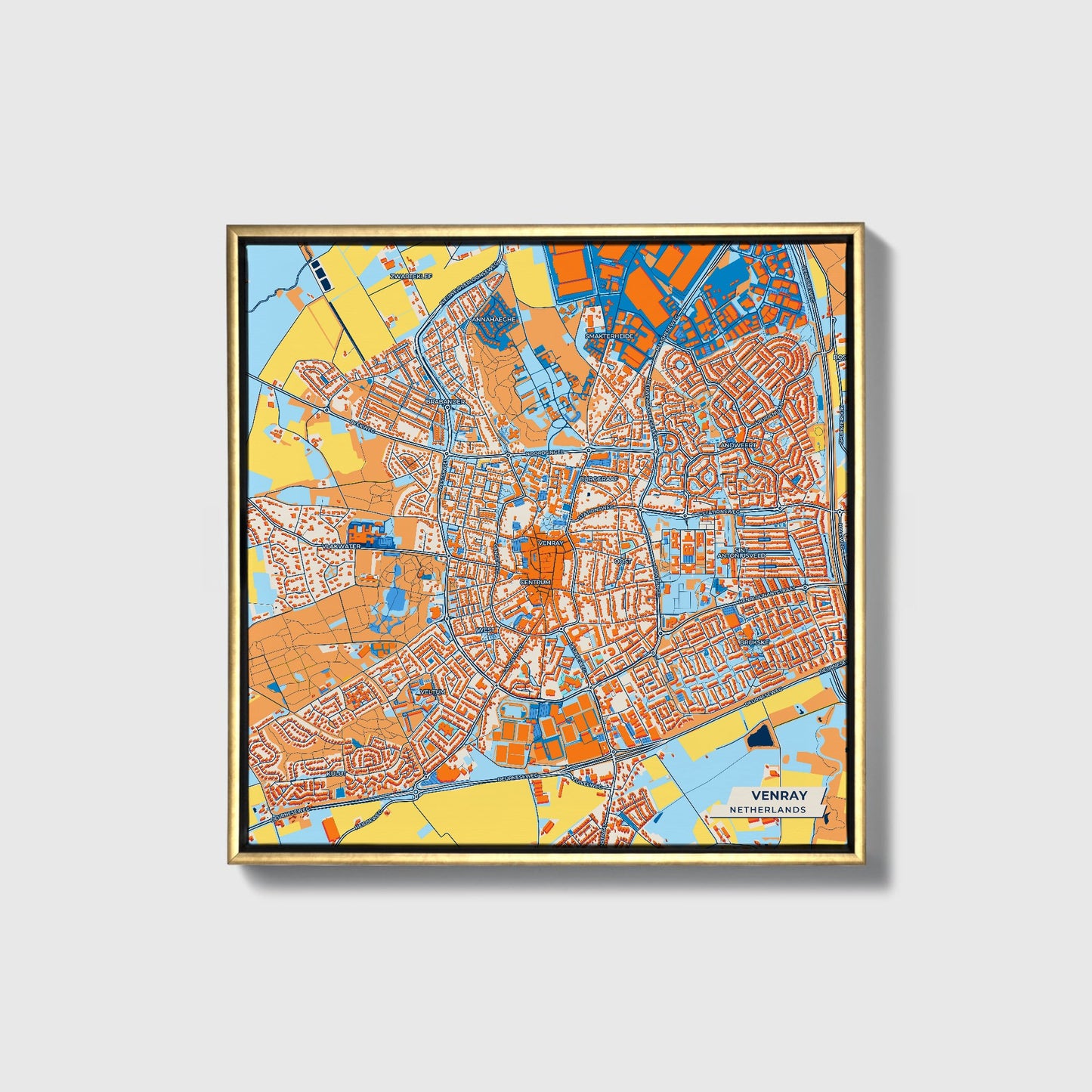 Venray Netherlands Colorful City Map Canvas Print • Gold Framed