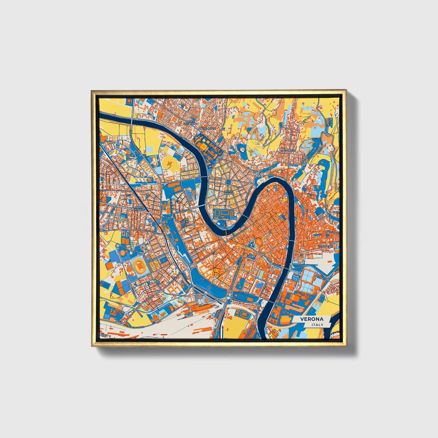Verona Italy Colorful City Map Canvas Print • Gold Framed