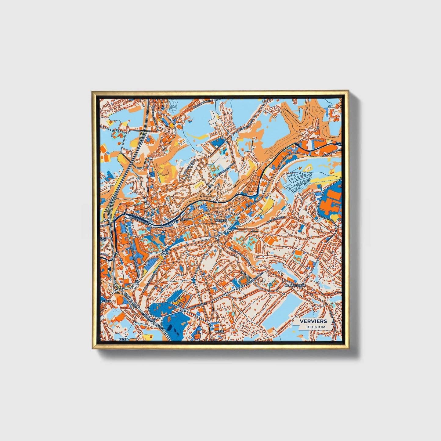 Verviers Belgium Colorful City Map Canvas Print • Gold Framed