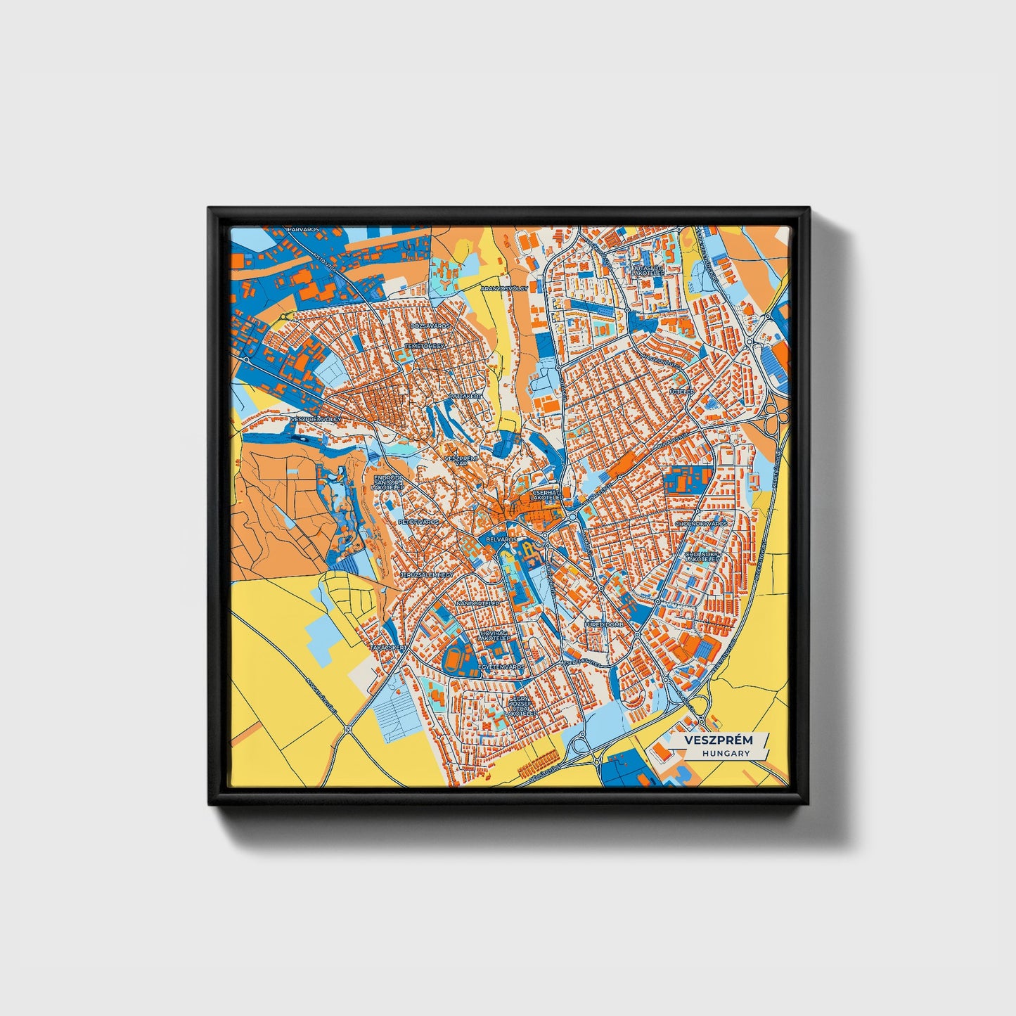 Veszprém Hungary Colorful City Map Canvas Print • Black Framed
