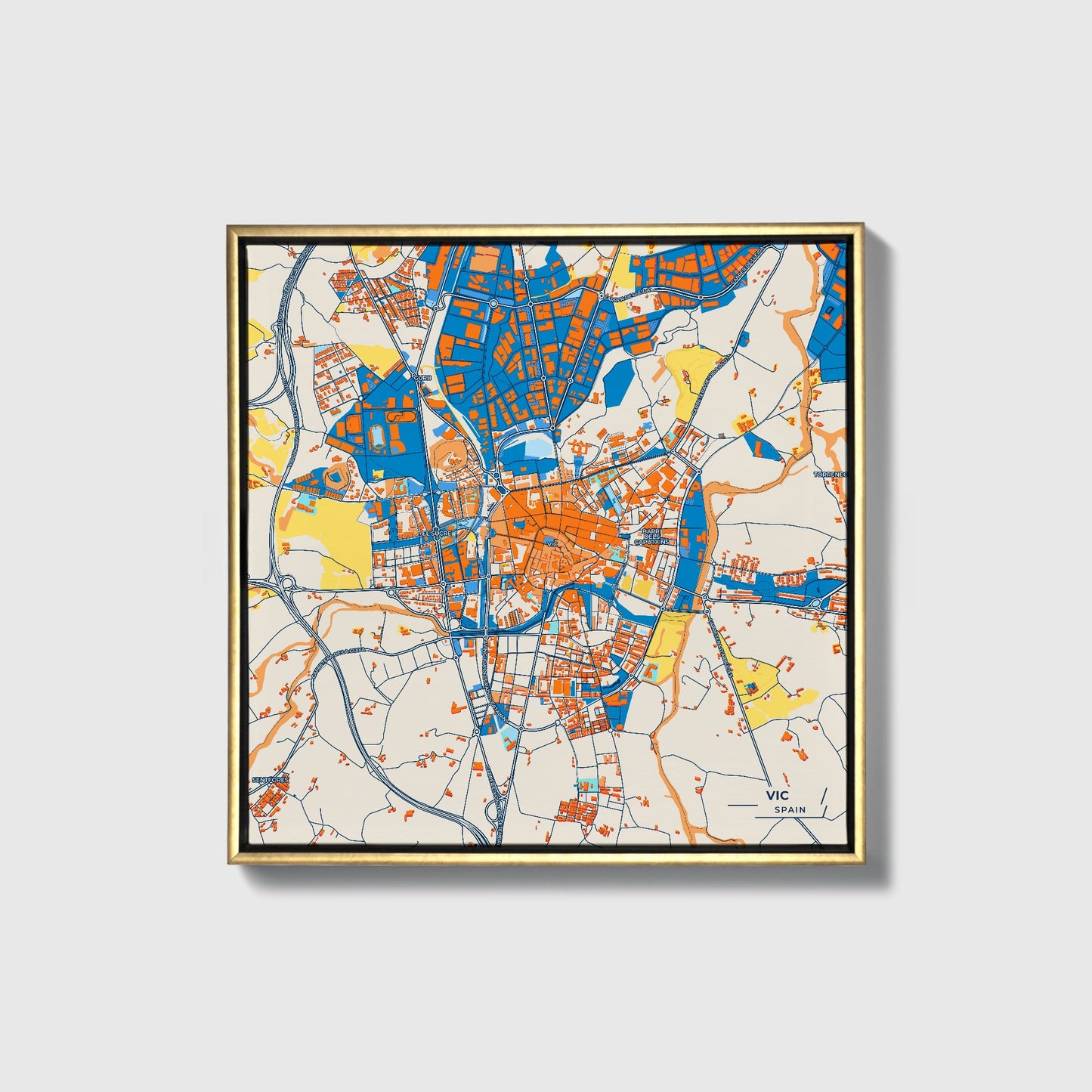Vic Spain Colorful City Map Canvas Print • Gold Framed