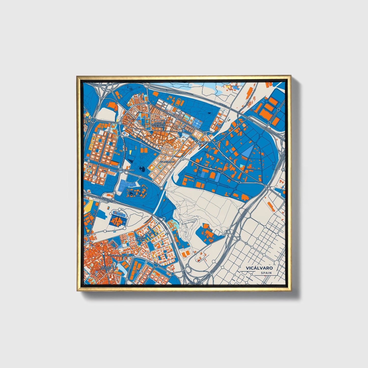 Vicálvaro Spain Colorful City Map Canvas Print • Gold Framed