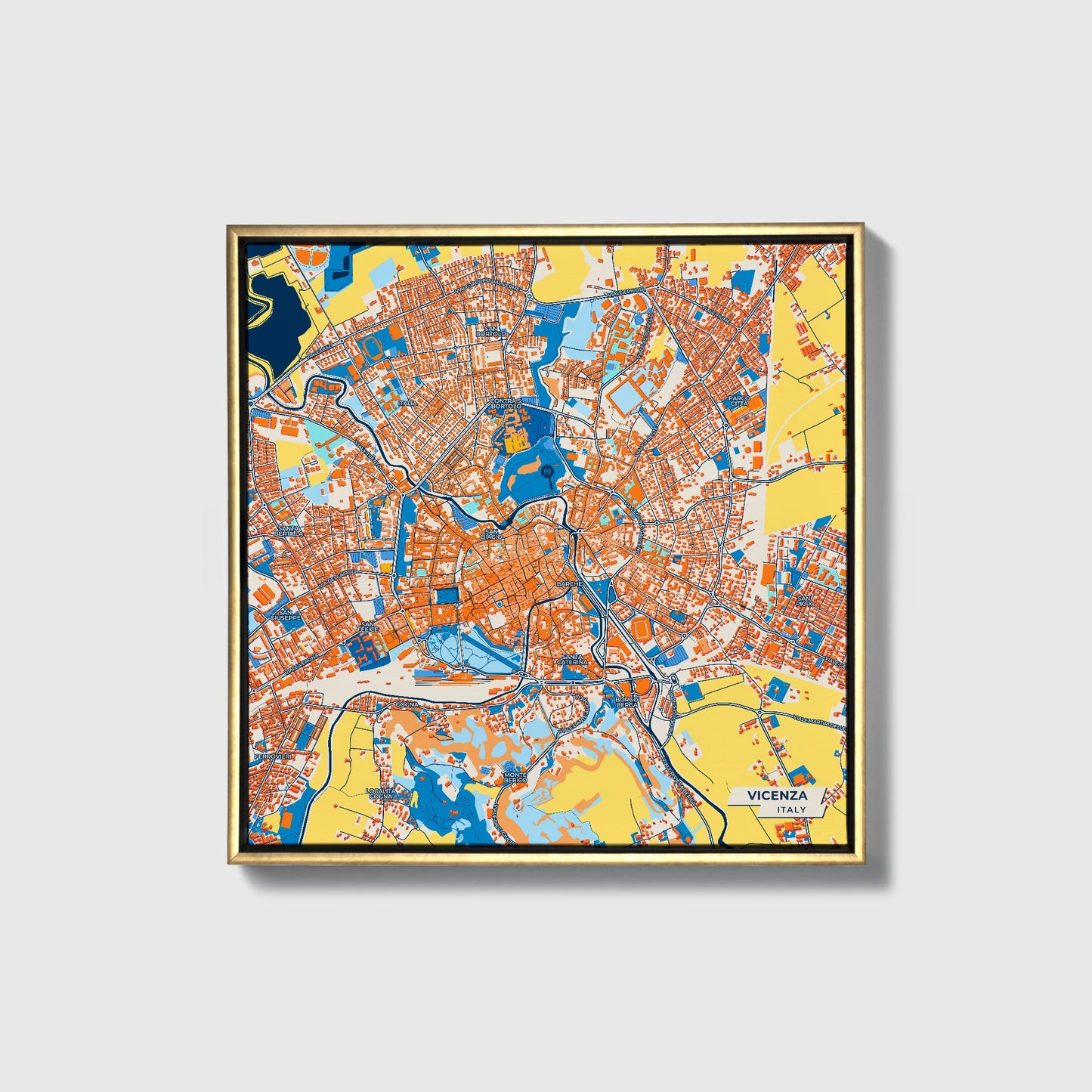 Vicenza Italy Colorful City Map Canvas Print • Gold Framed