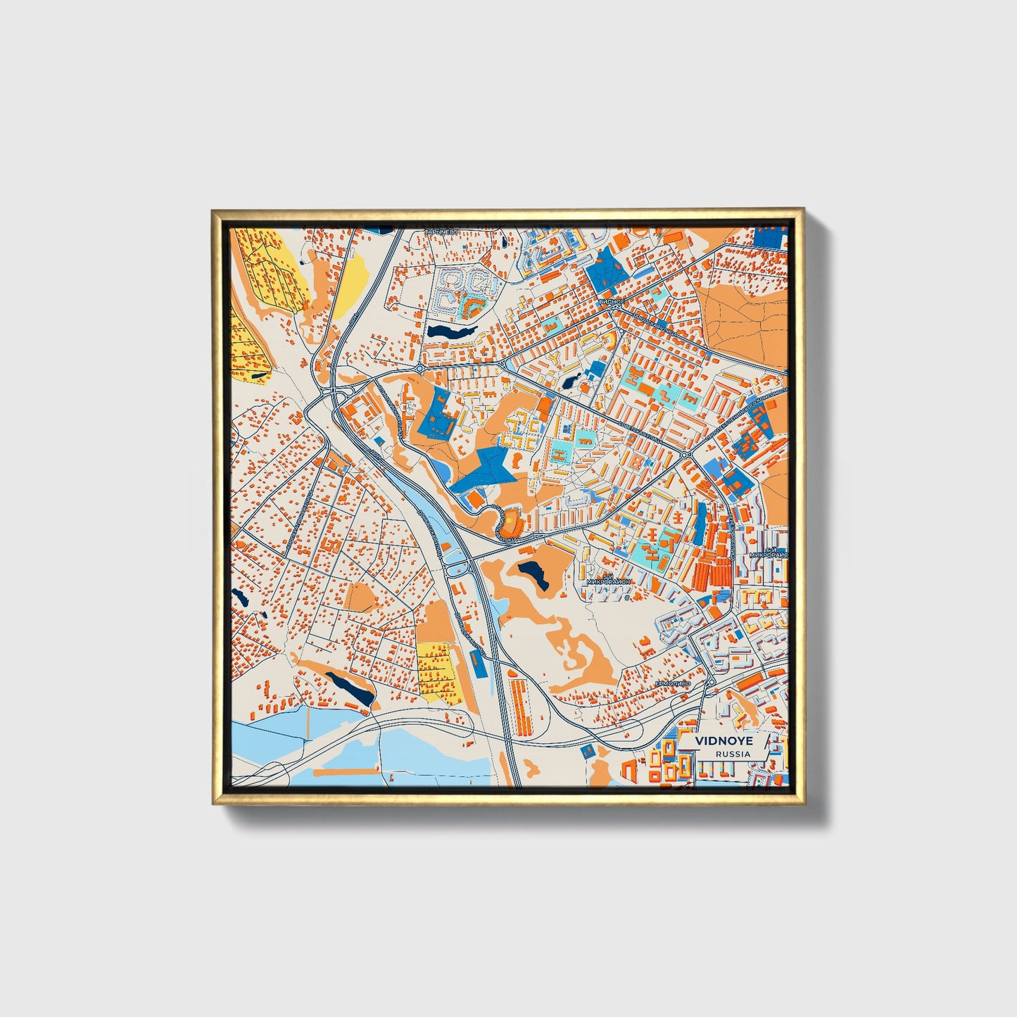 Видное Russia Colorful City Map Canvas Print • Gold Framed