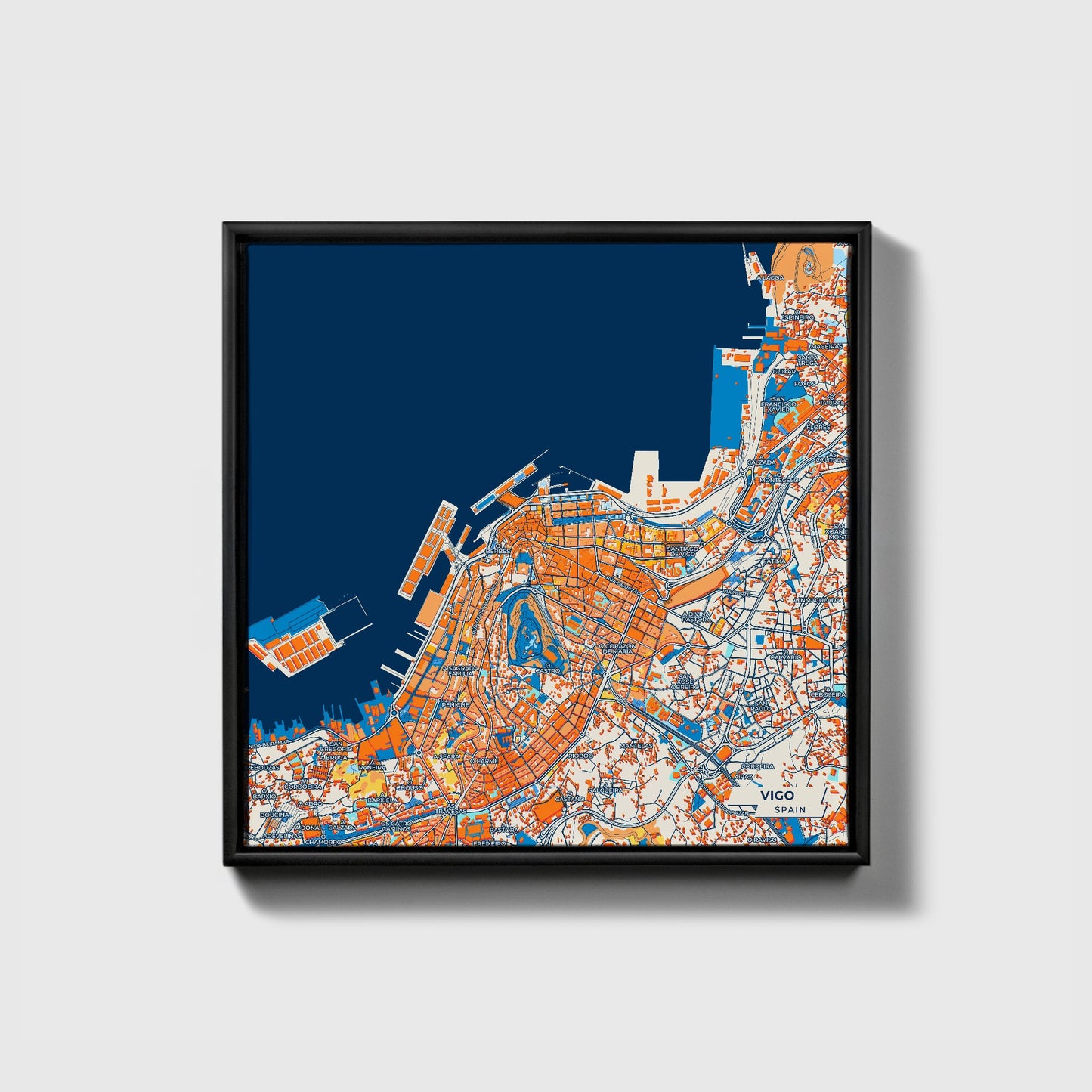 Vigo Spain Colorful City Map Canvas Print • Black Framed