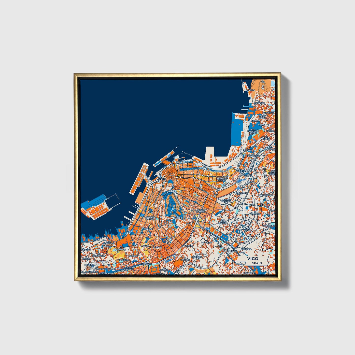 Vigo Spain Colorful City Map Canvas Print • Gold Framed