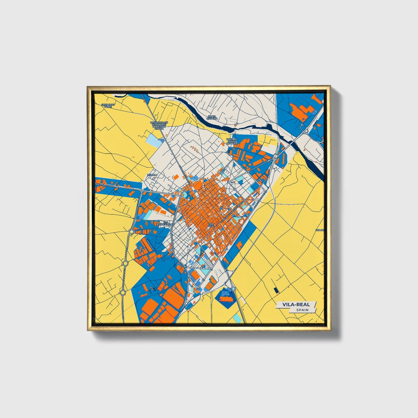 Vila-Real Spain Colorful City Map Canvas Print • Gold Framed