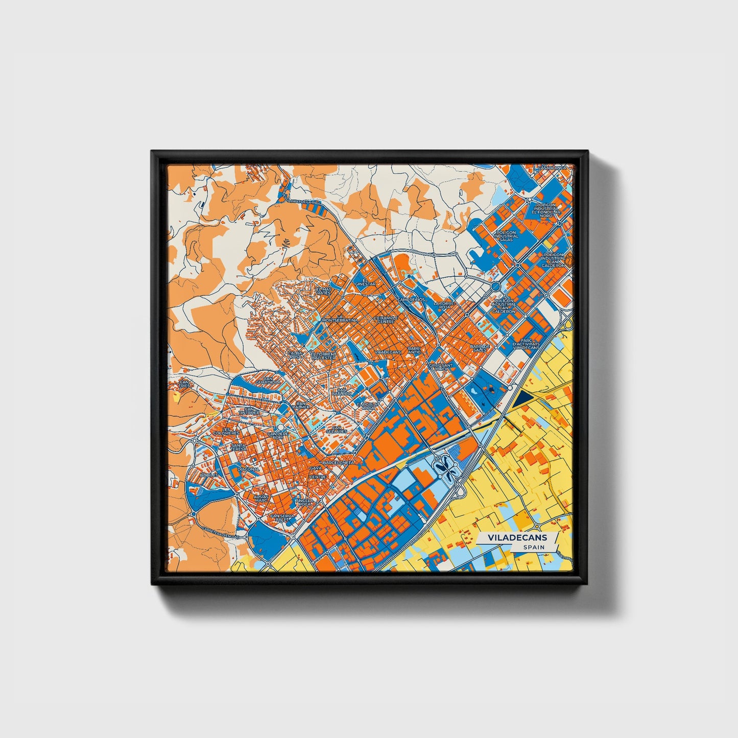 Viladecans Spain Colorful City Map Canvas Print • Black Framed