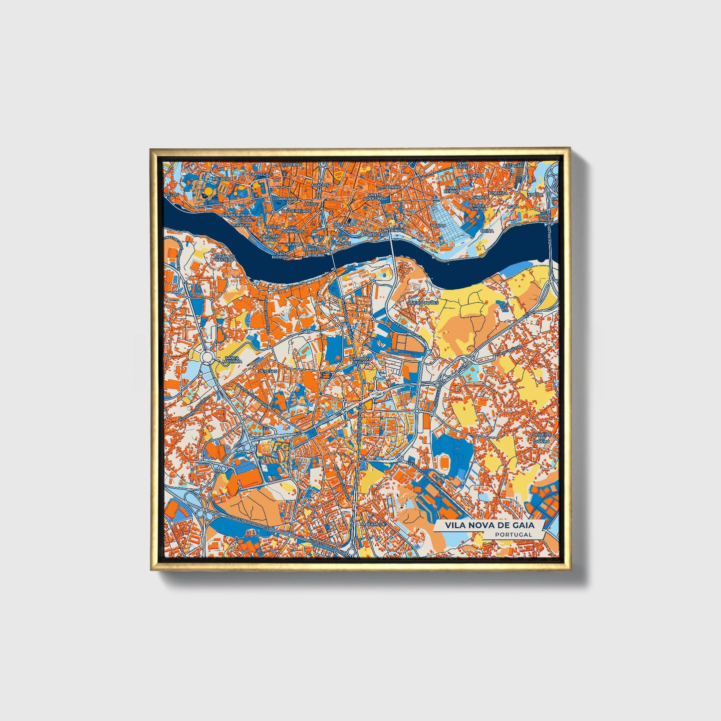 Vila Nova De Gaia Portugal Colorful City Map Canvas Print • Gold Framed