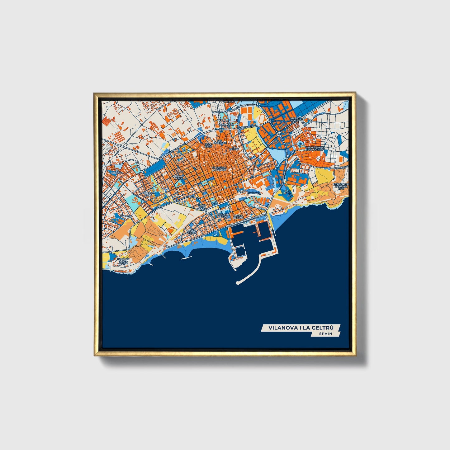 Vilanova I La Geltrú Spain Colorful City Map Canvas Print • Gold Framed