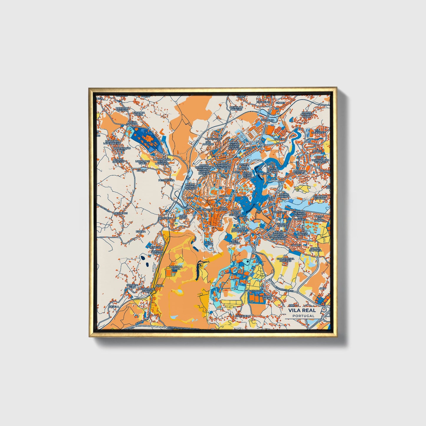 Vila Real Portugal Colorful City Map Canvas Print • Gold Framed