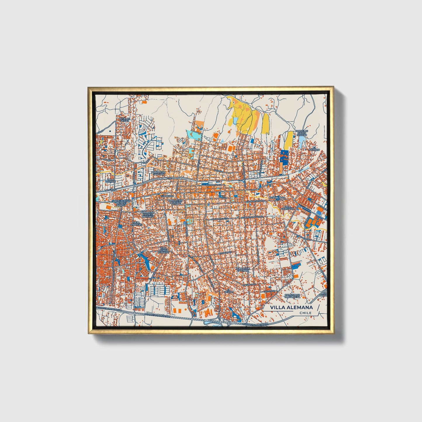 Villa Alemana Chile Colorful City Map Canvas Print • Gold Framed