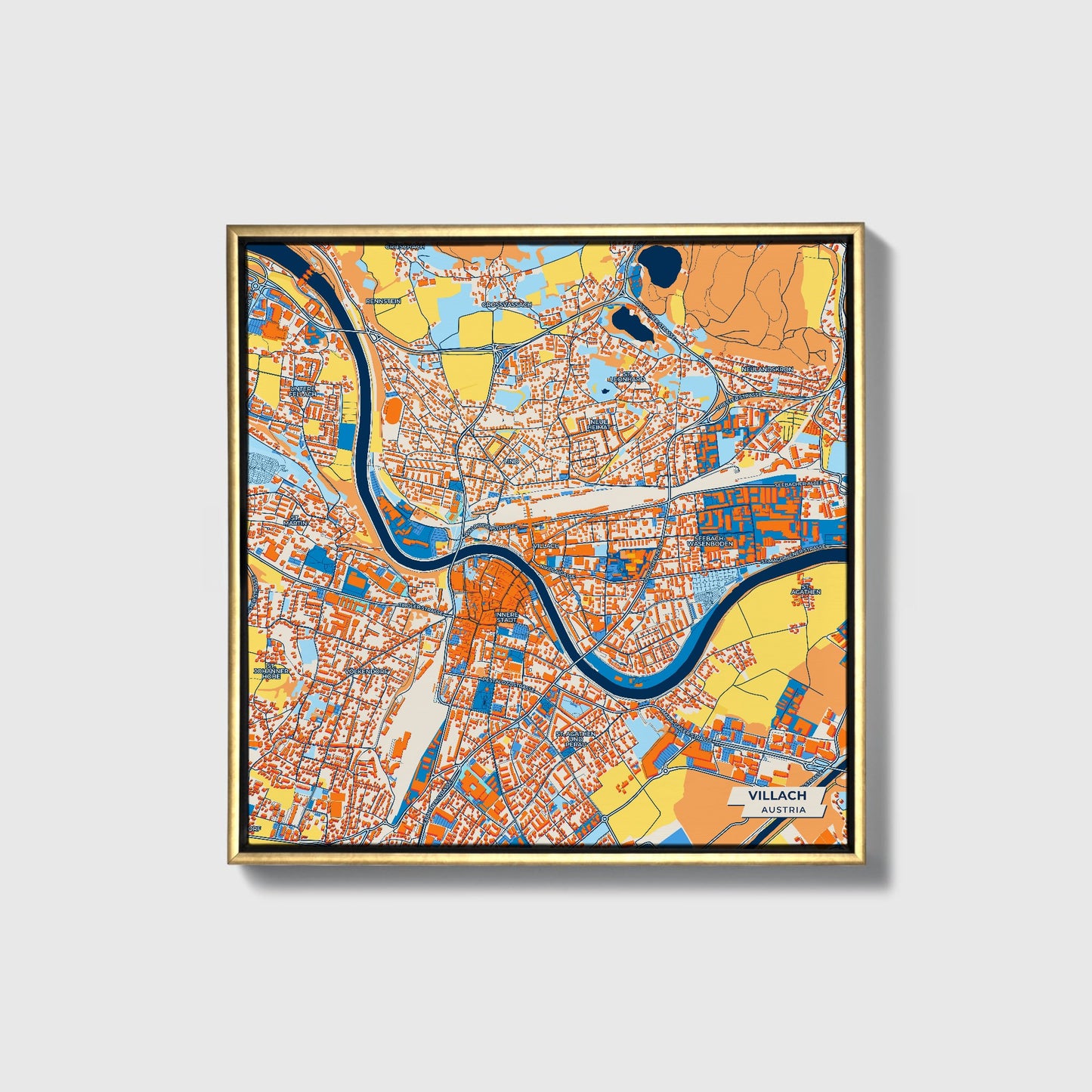 Villach Austria Colorful City Map Canvas Print • Gold Framed